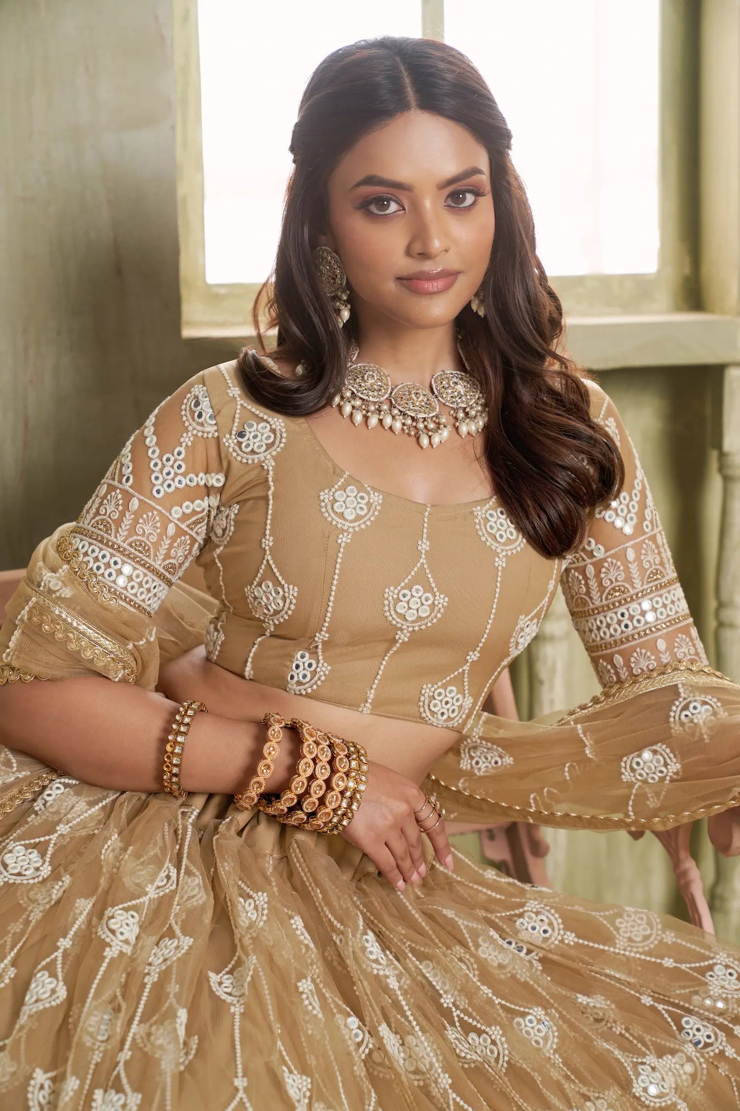 Soft Beige Net Sequins Lehenga Choli