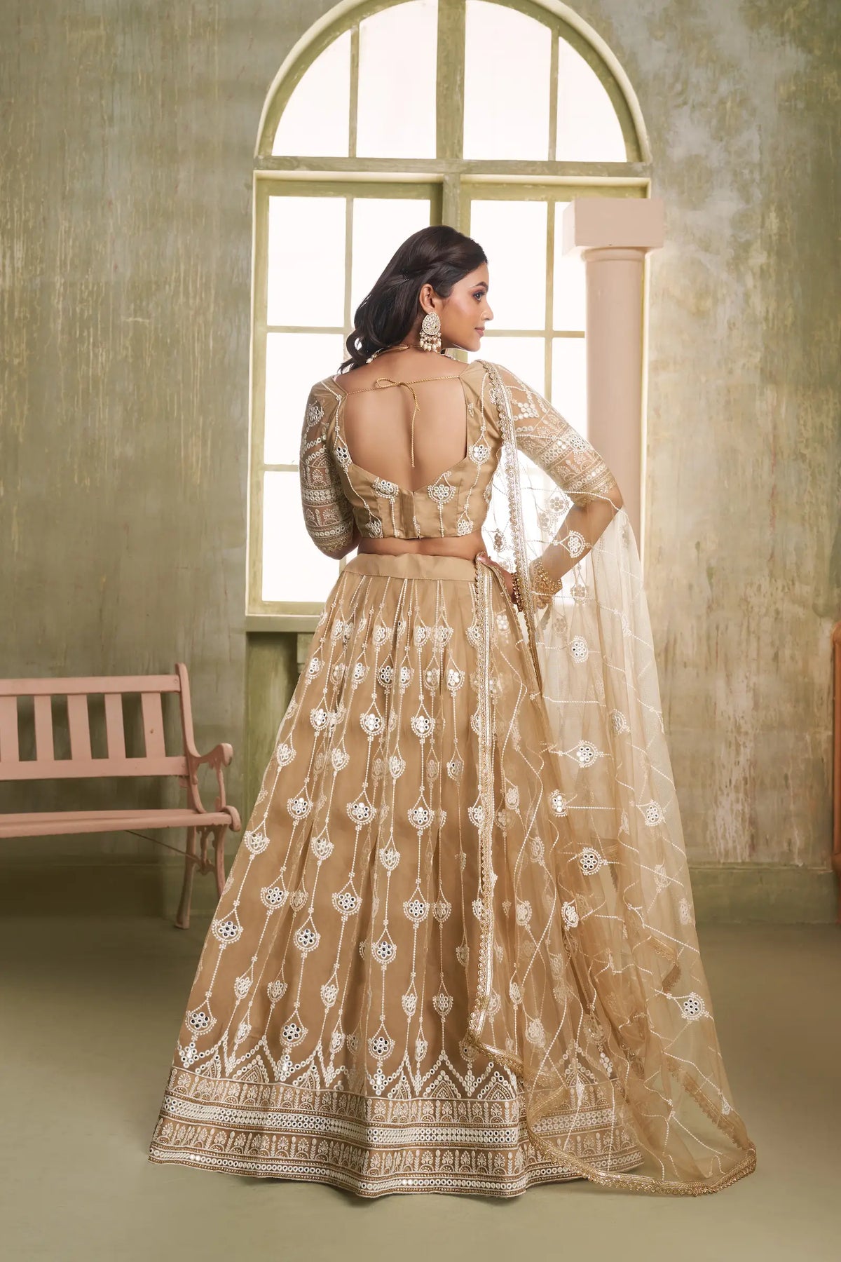 Soft Beige Net Sequins Lehenga Choli