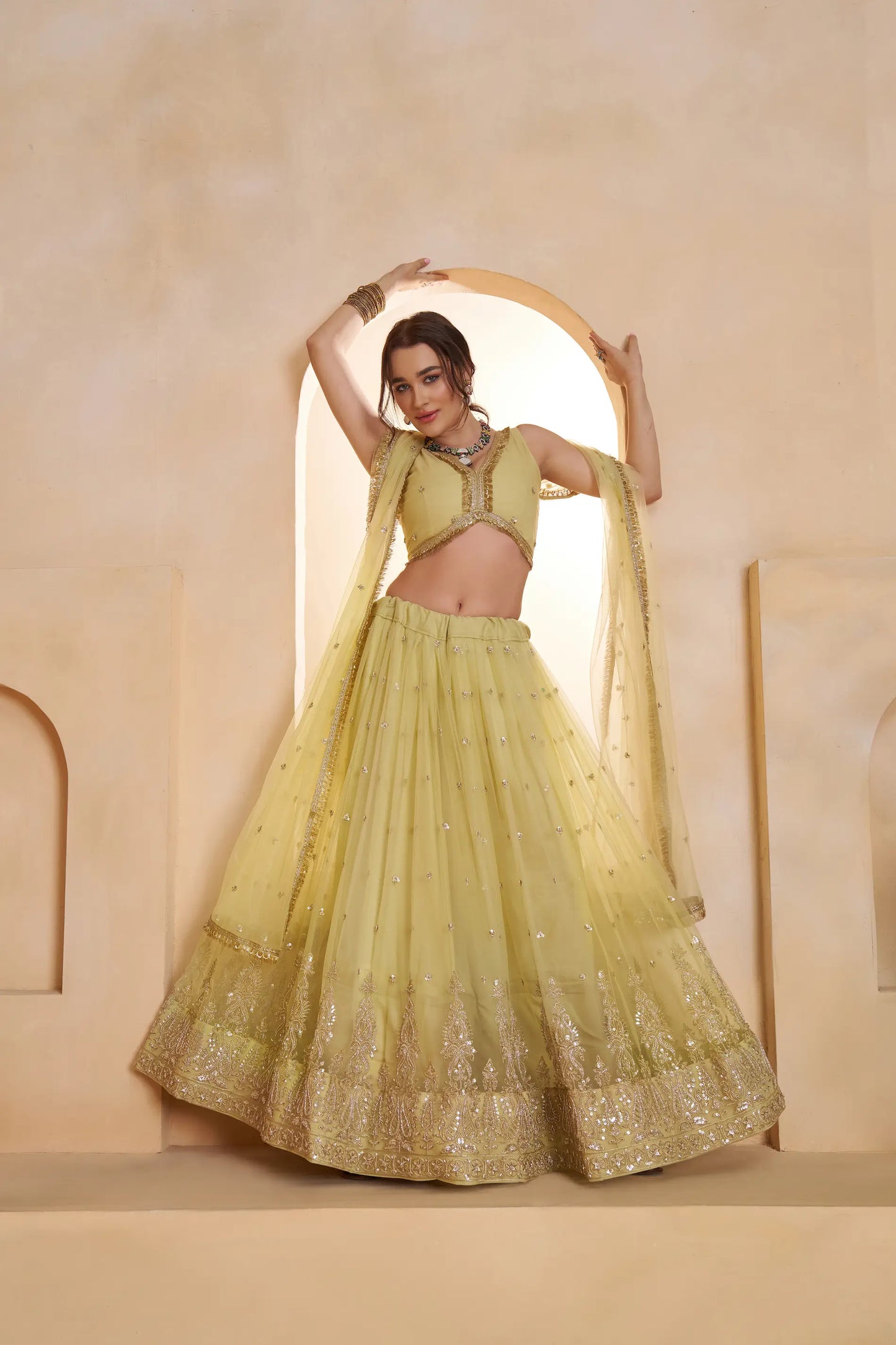 Pastel Yellow Net Embroidery Lehenga choli