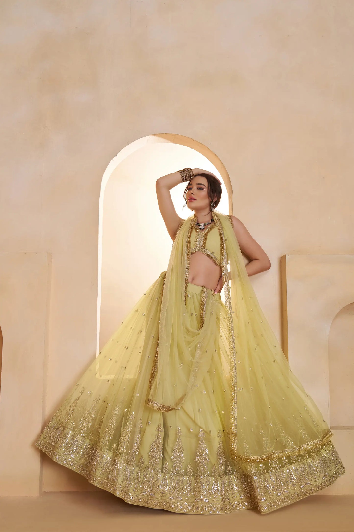 Pastel Yellow Net Embroidery Lehenga choli