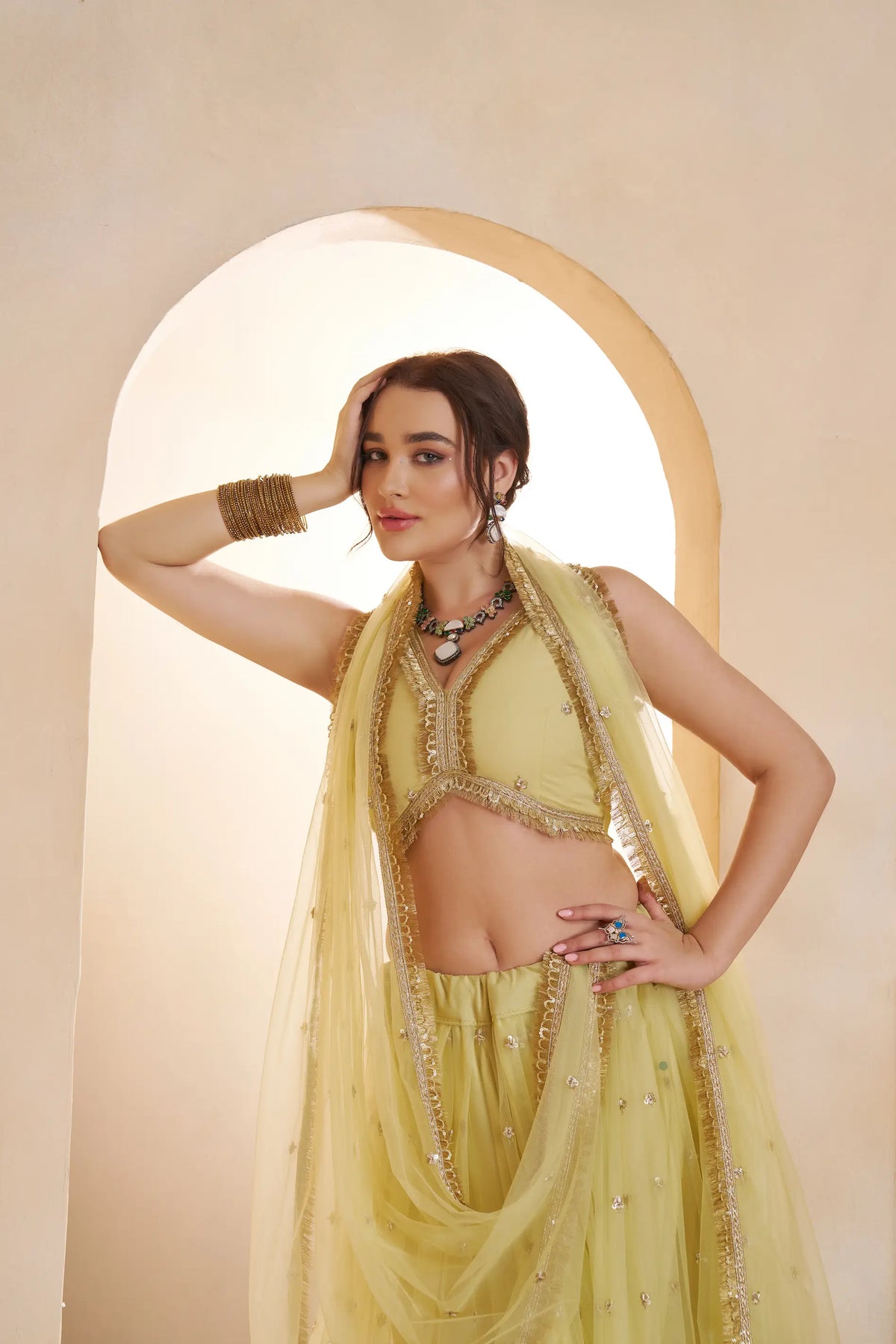 Pastel Yellow Net Embroidery Lehenga choli