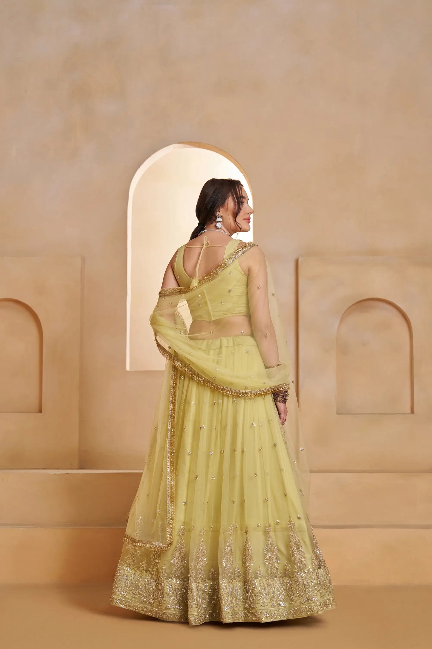 Pastel Yellow Net Embroidery Lehenga choli