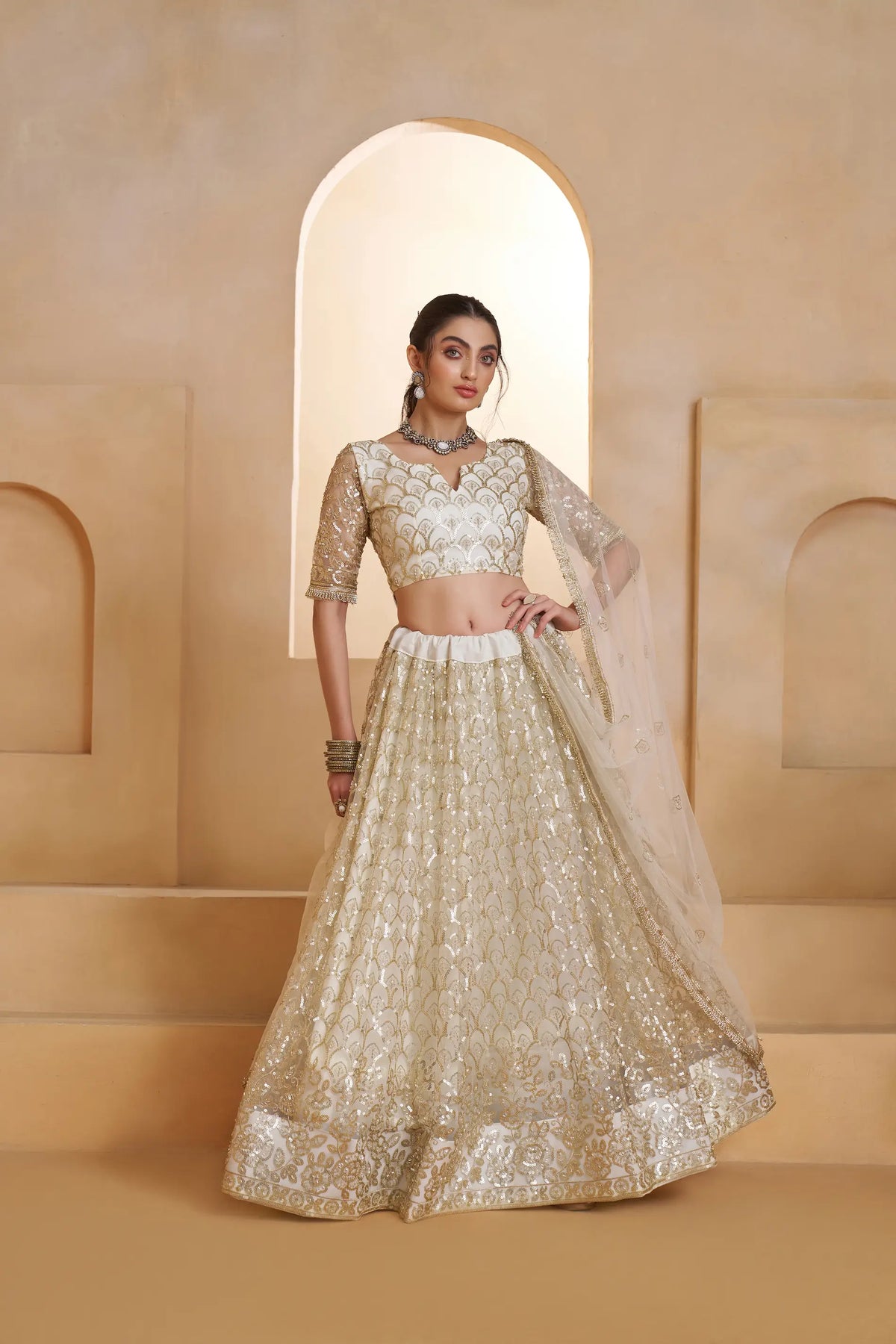 Ivory Gold Net Embroidery Lehenga choli