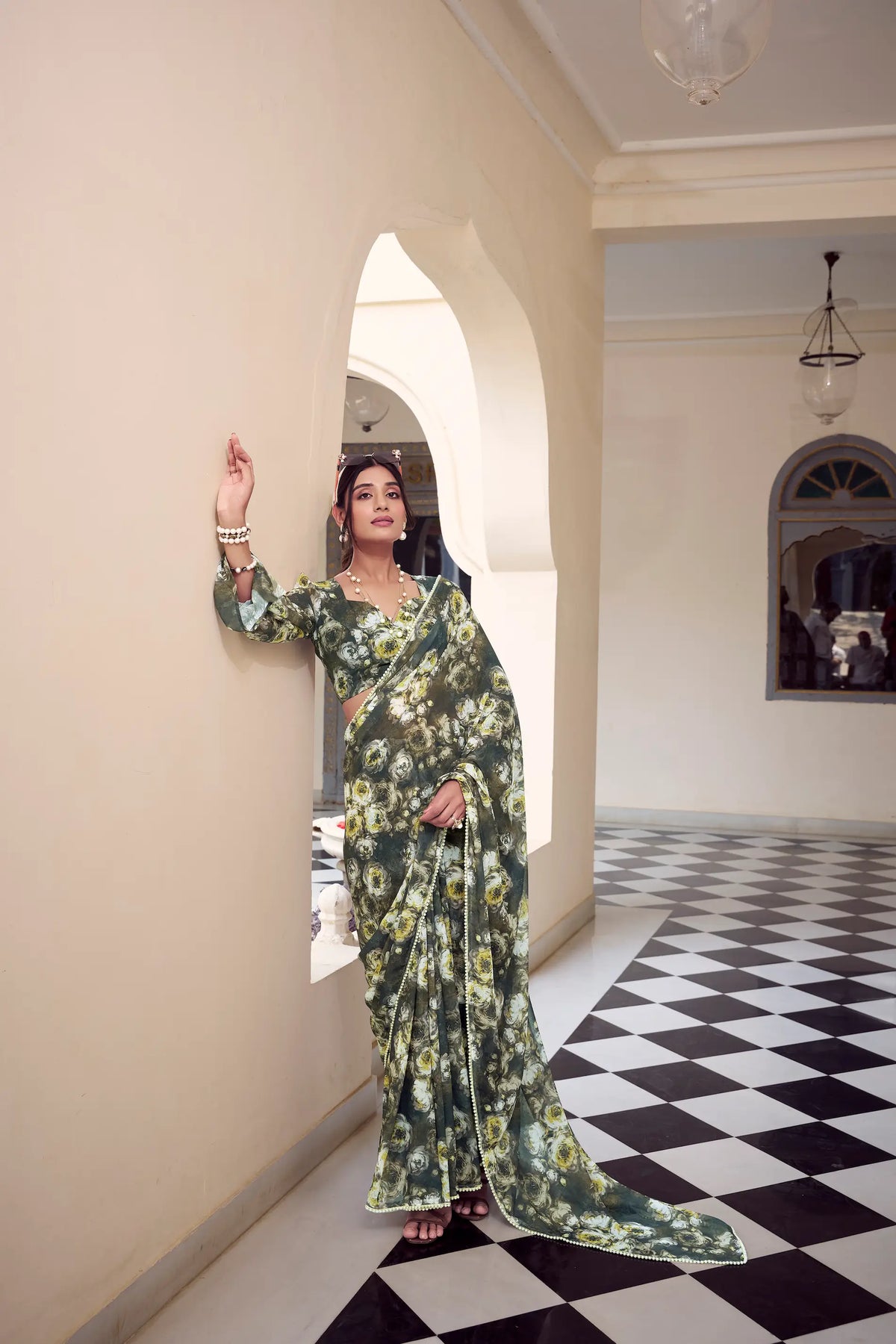Olive Green Weightless Marbal Saree With  Pearl Lace Border & Floral Print