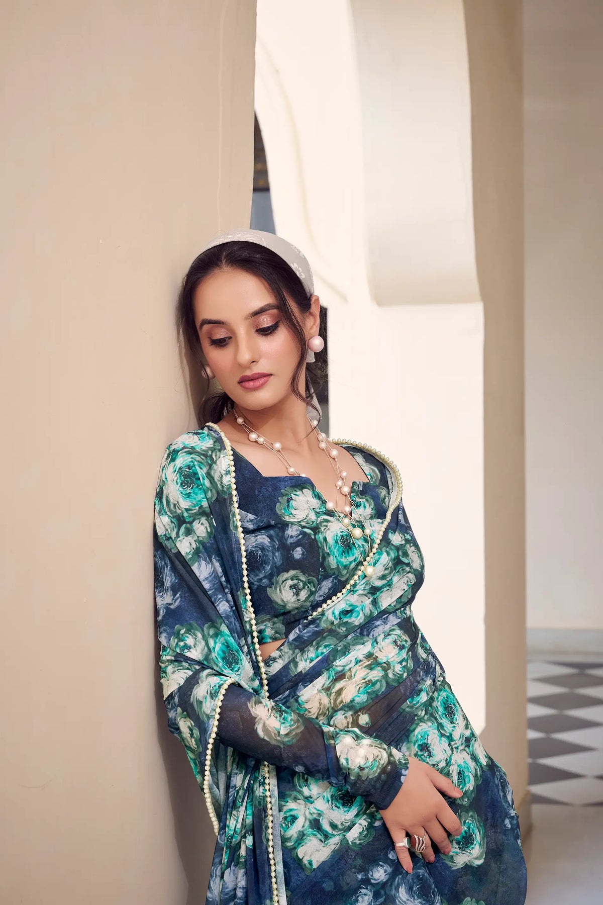 Navy Blue Weightless Marbal Saree With  Pearl Lace Border & Floral Print