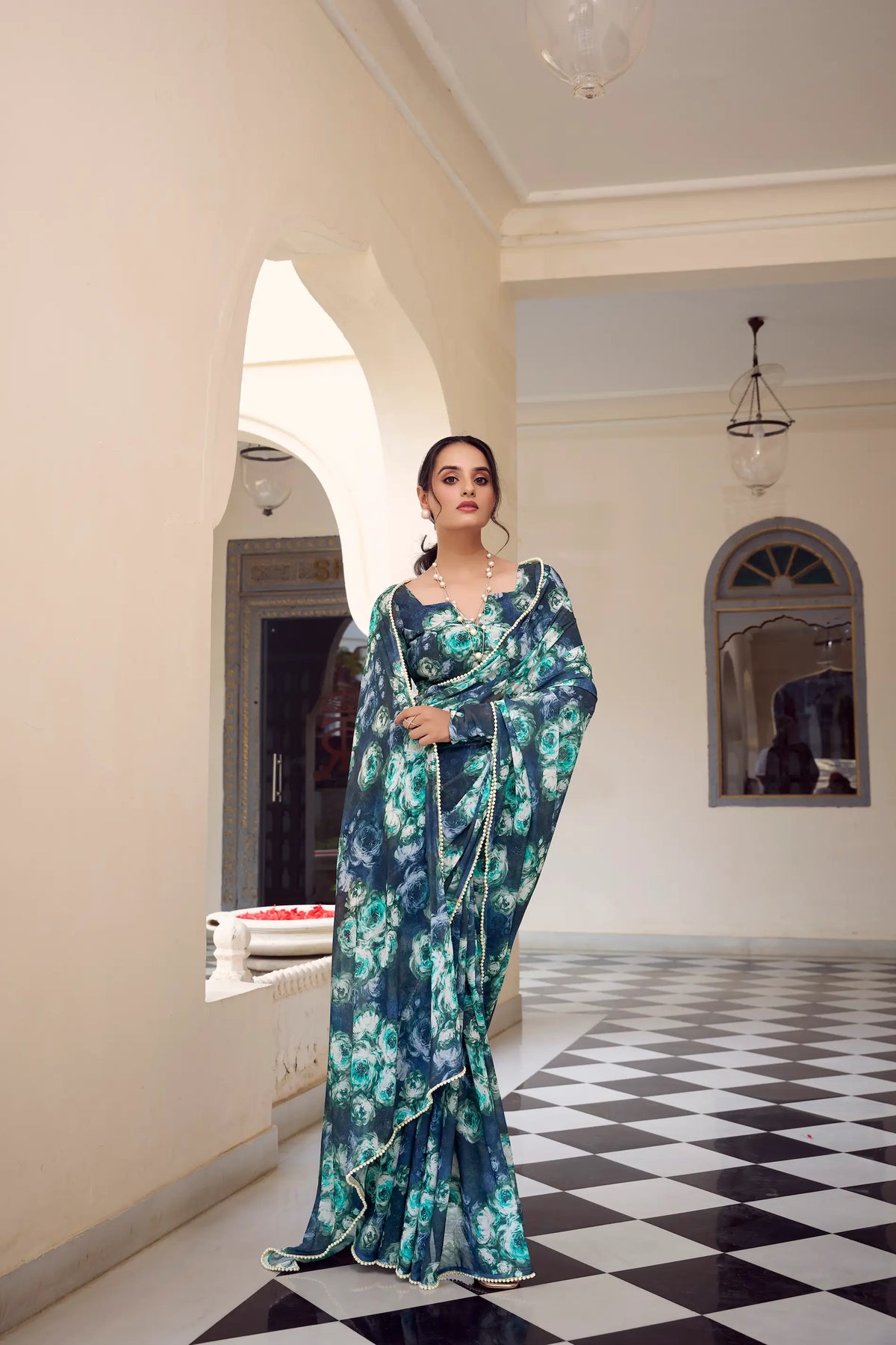 Navy Blue Weightless Marbal Saree With  Pearl Lace Border & Floral Print