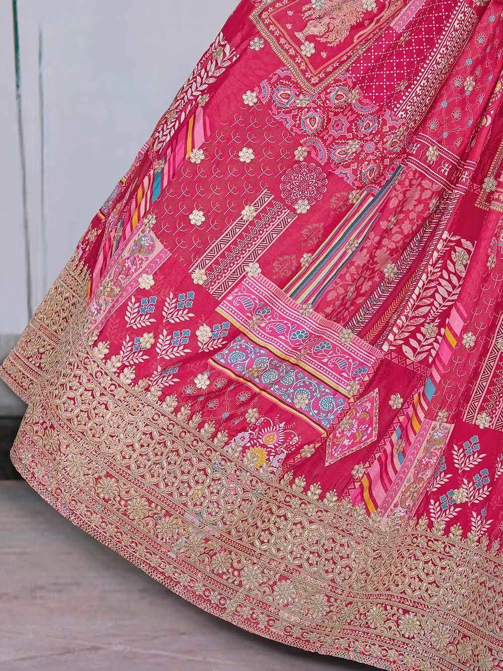 Pink Digital Print And Embroidery Work Silk Lehenga With Stylish Blouse