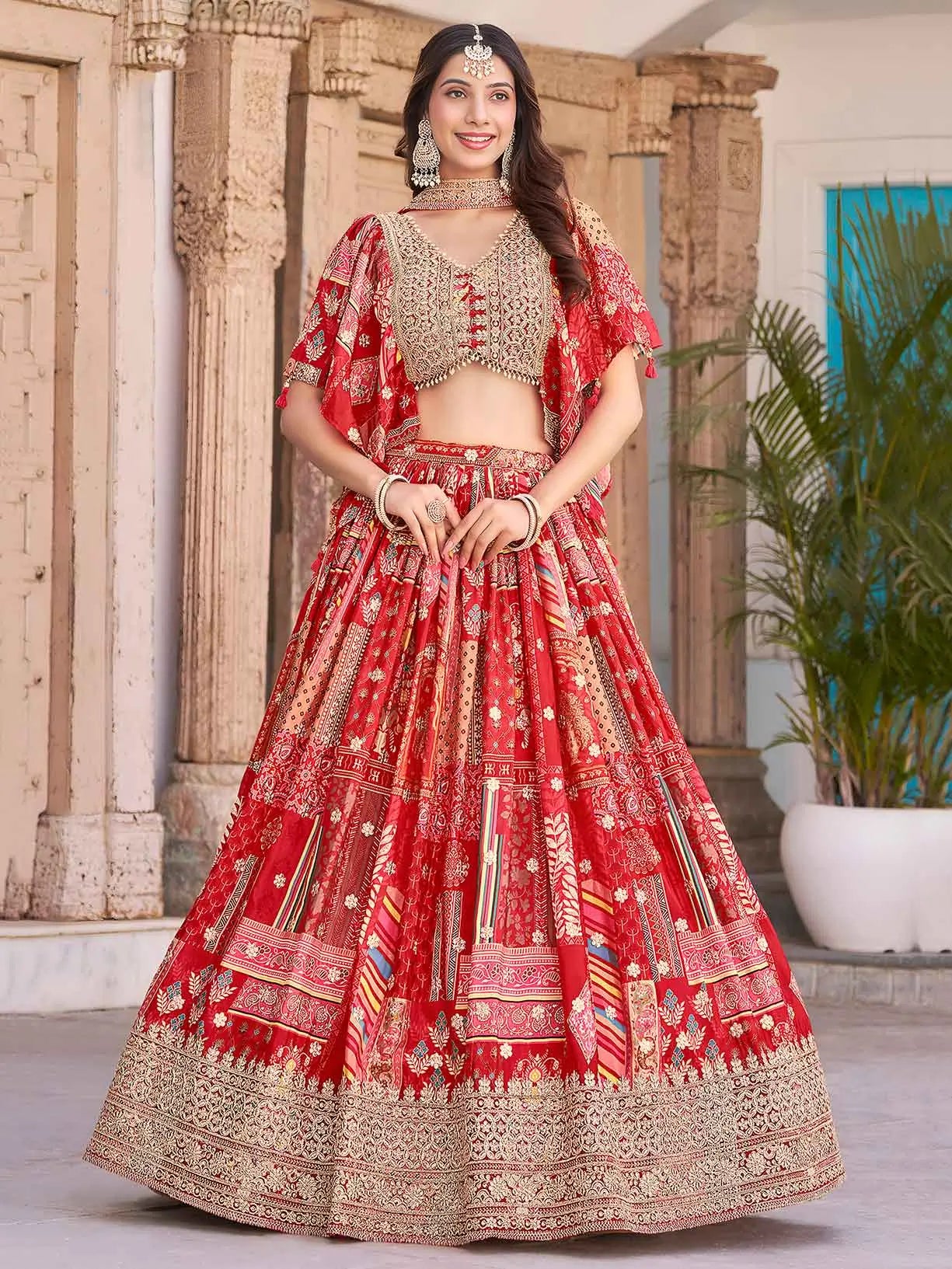 Red Silk Lehenga With Digital Print And Embroidery Work With Stylish Blouse
