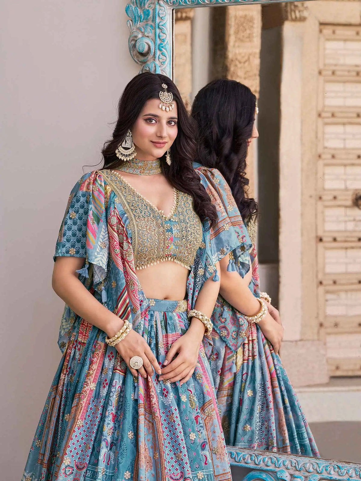 Sky Digital Print Embroidery Work Lehenga With Stylish Blouse With Pearl Work