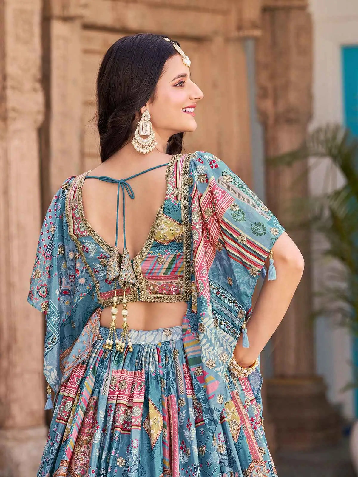 Sky Digital Print Embroidery Work Lehenga With Stylish Blouse With Pearl Work