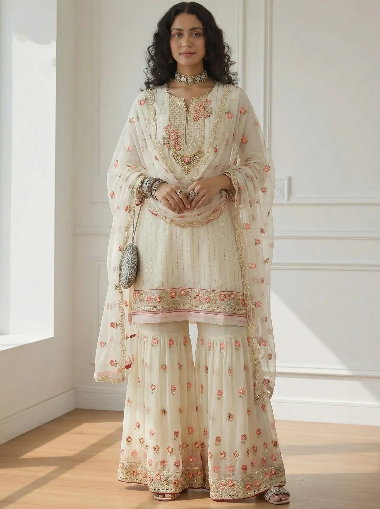 Beige Khatali &  Embroidery Work Sharara Suit