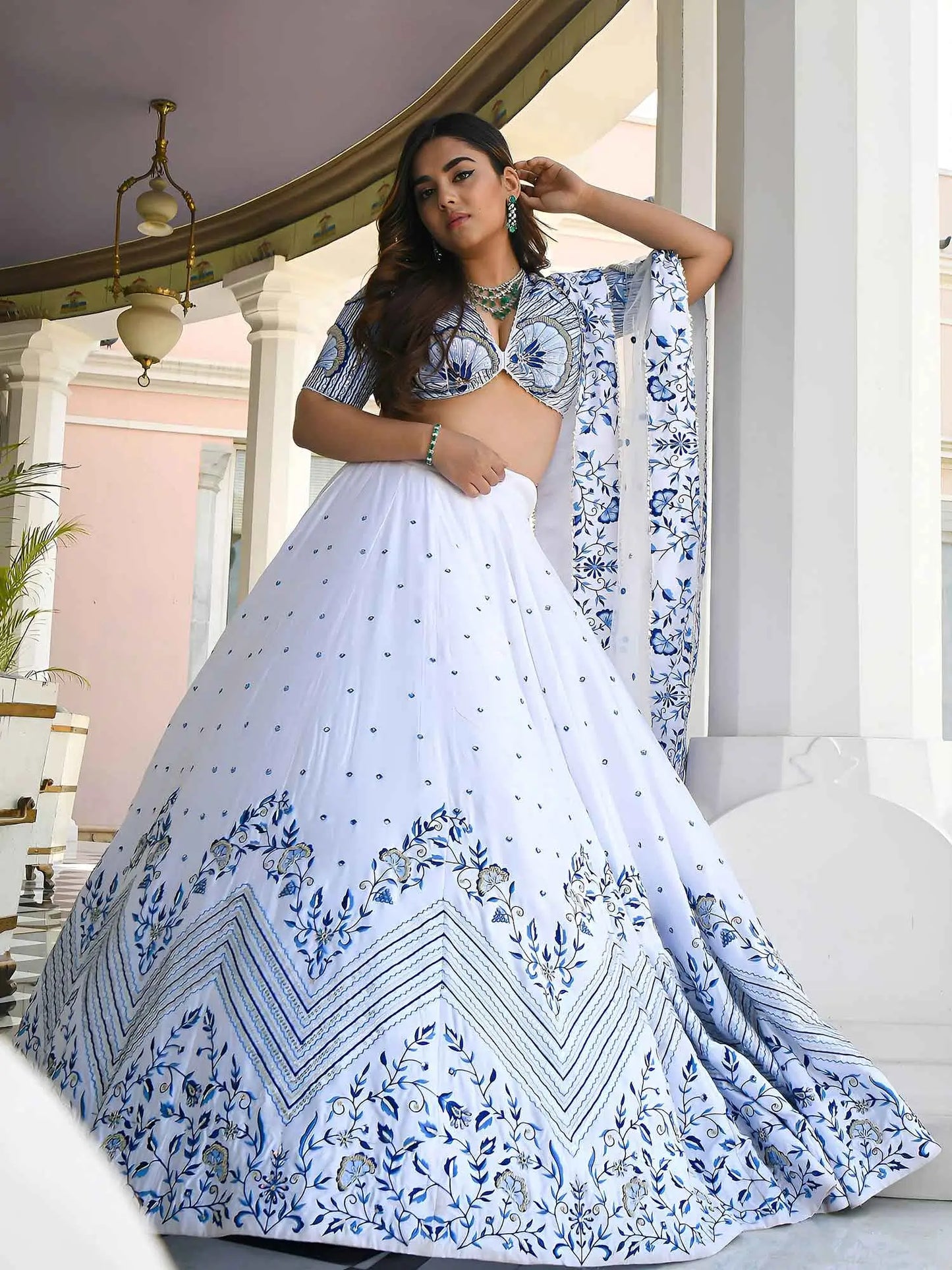 White Embroidery Work Satin Lehenga Choli