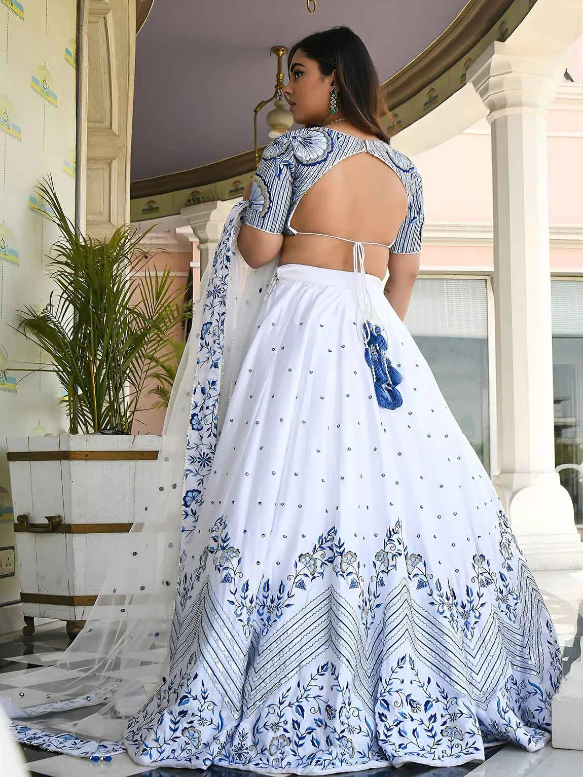White Embroidery Work Satin Lehenga Choli