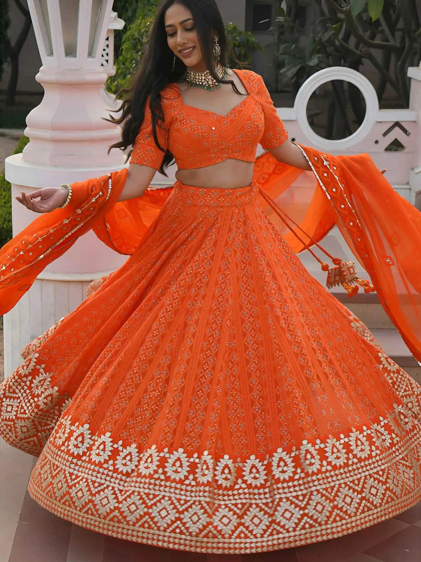 Orange Embroidery Work Lehenga Choli