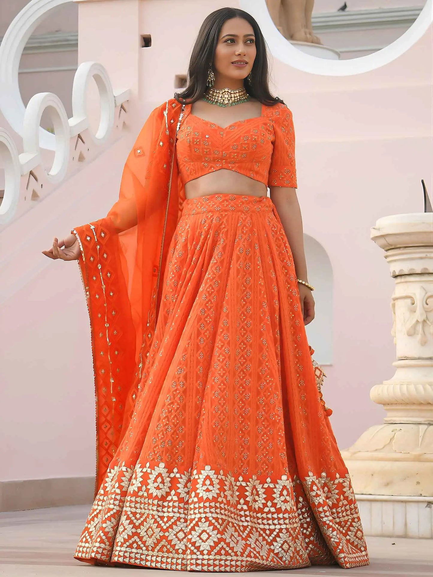 Orange Embroidery Work Lehenga Choli
