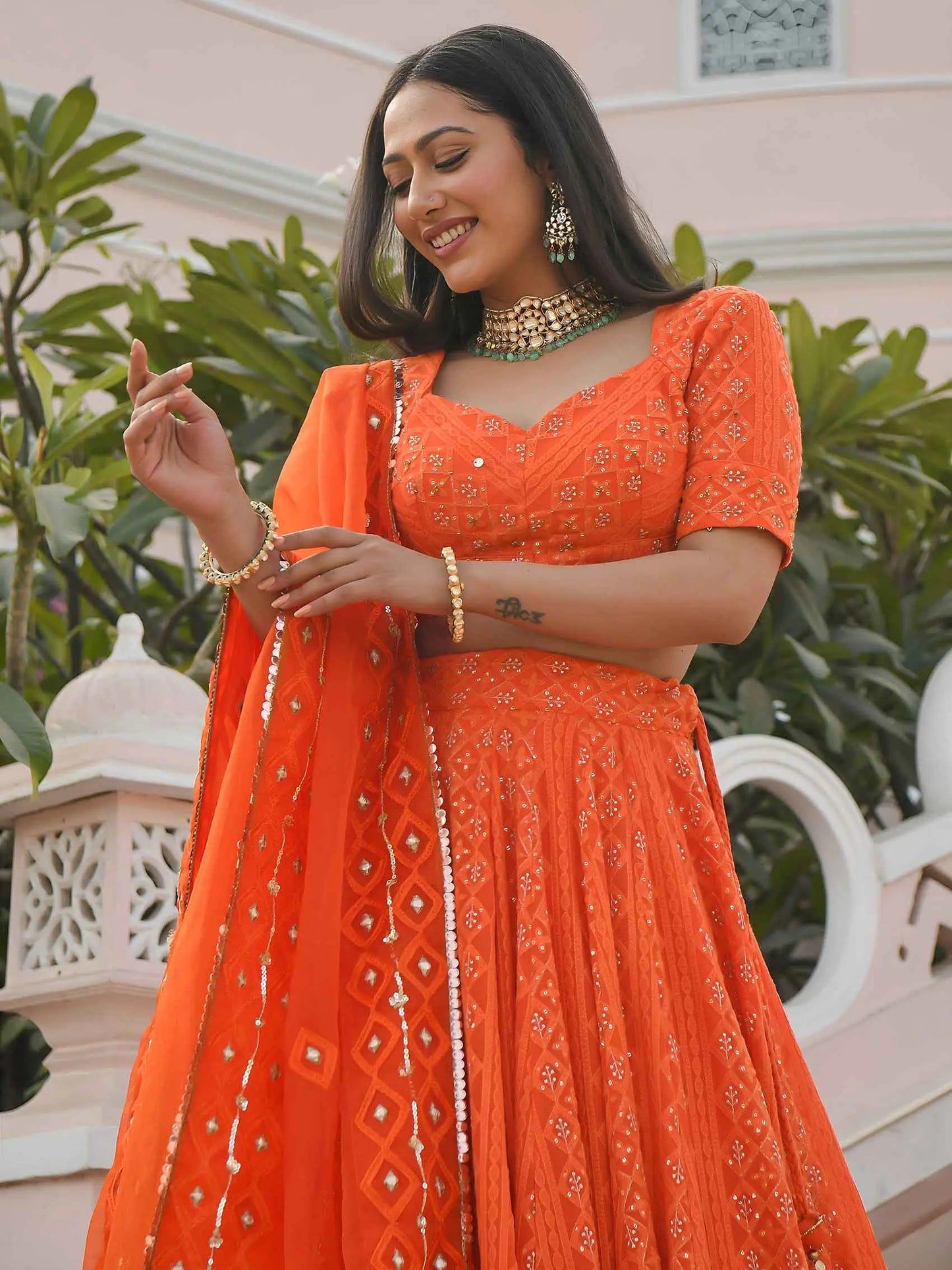 Orange Embroidery Work Lehenga Choli