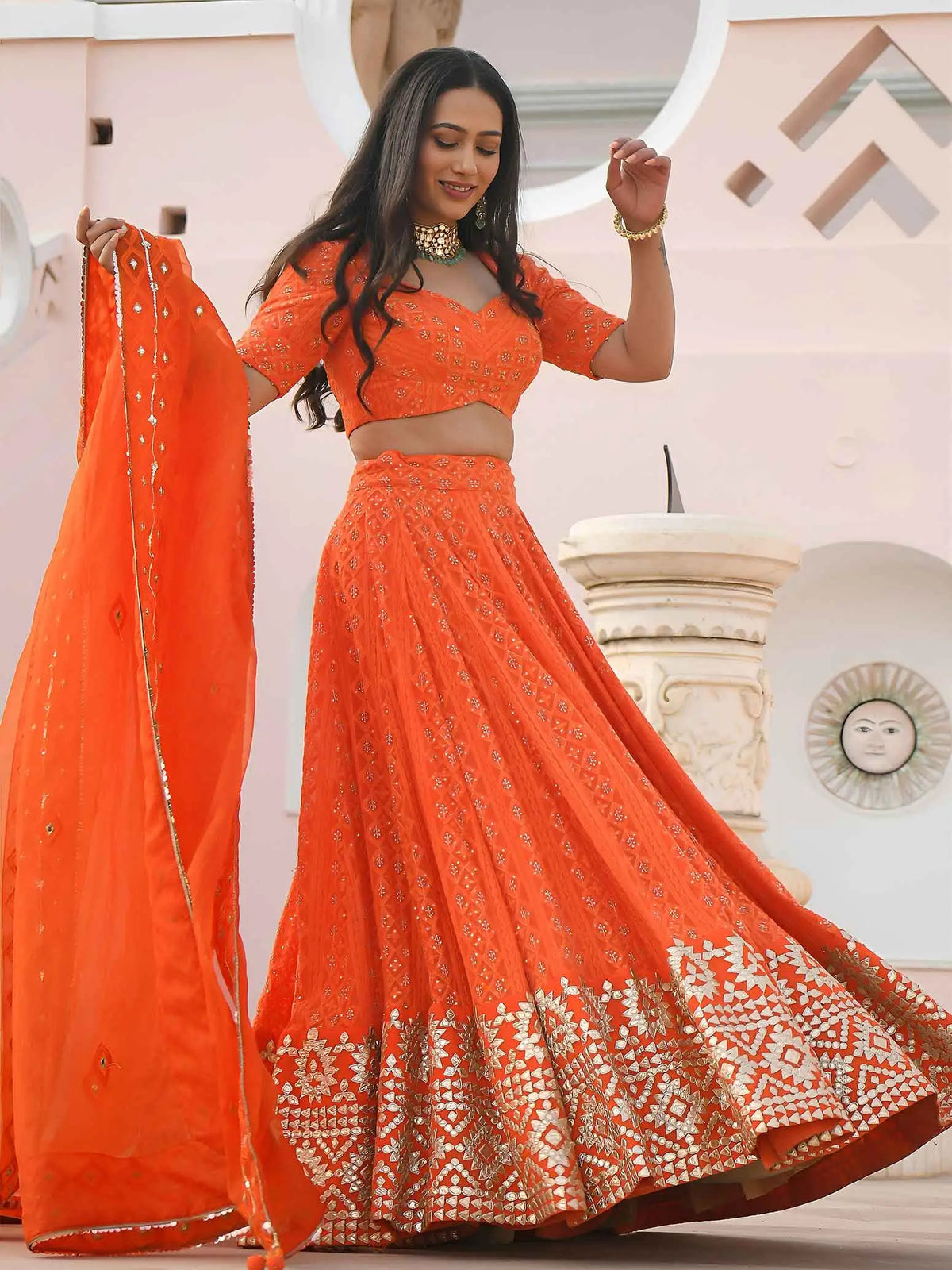 Orange Embroidery Work Lehenga Choli
