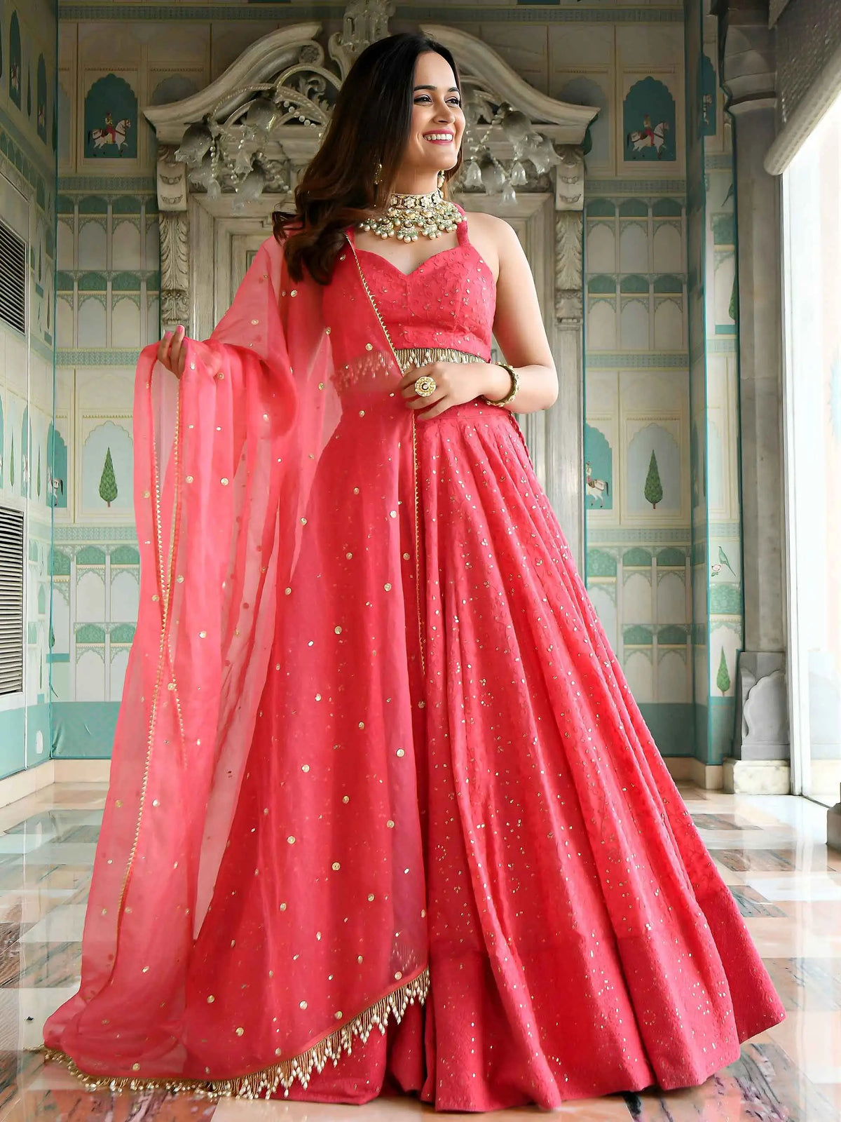 Brink Pink Embroidery Work Lehenga Choli