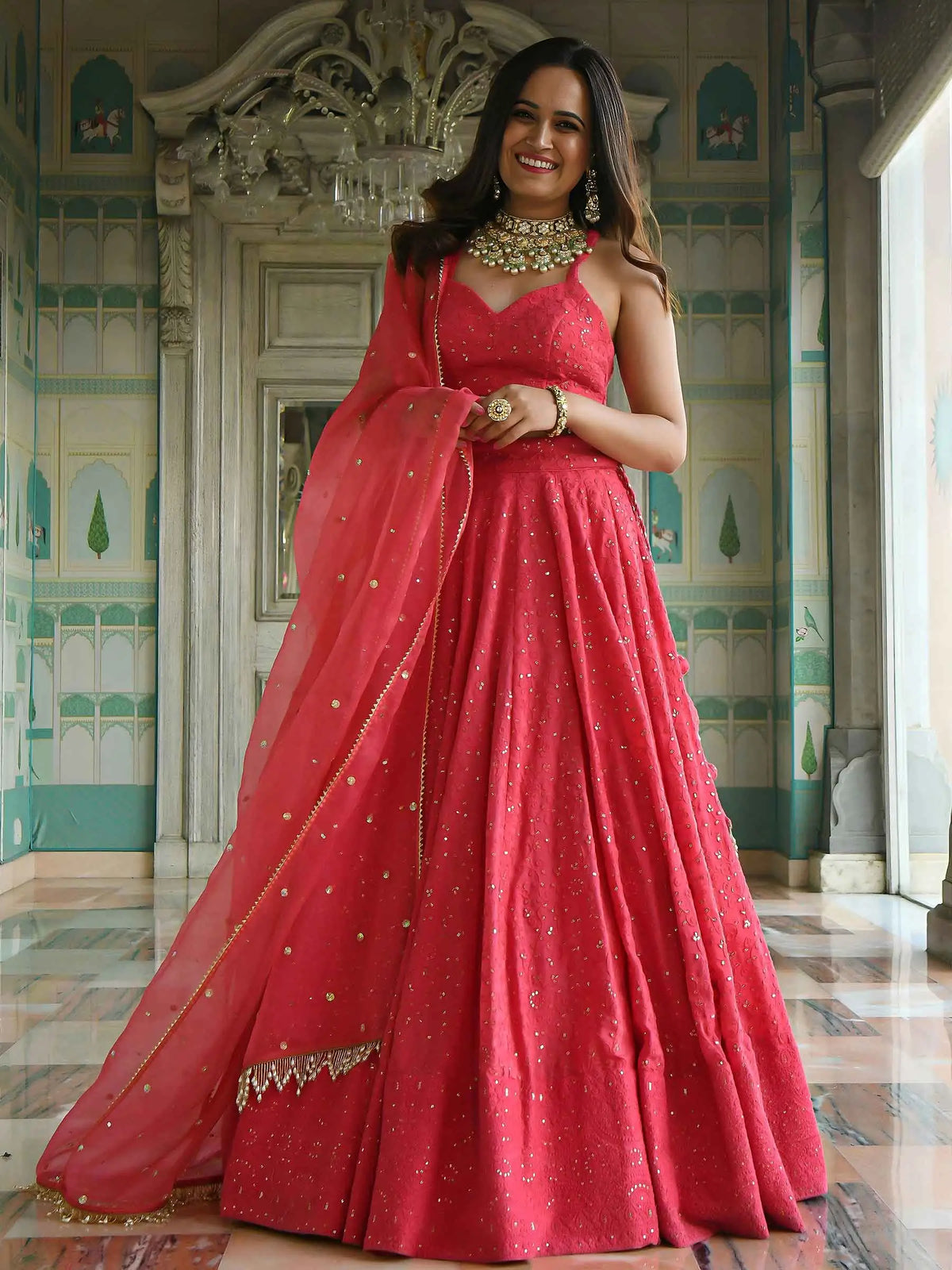 Brink Pink Embroidery Work Lehenga Choli