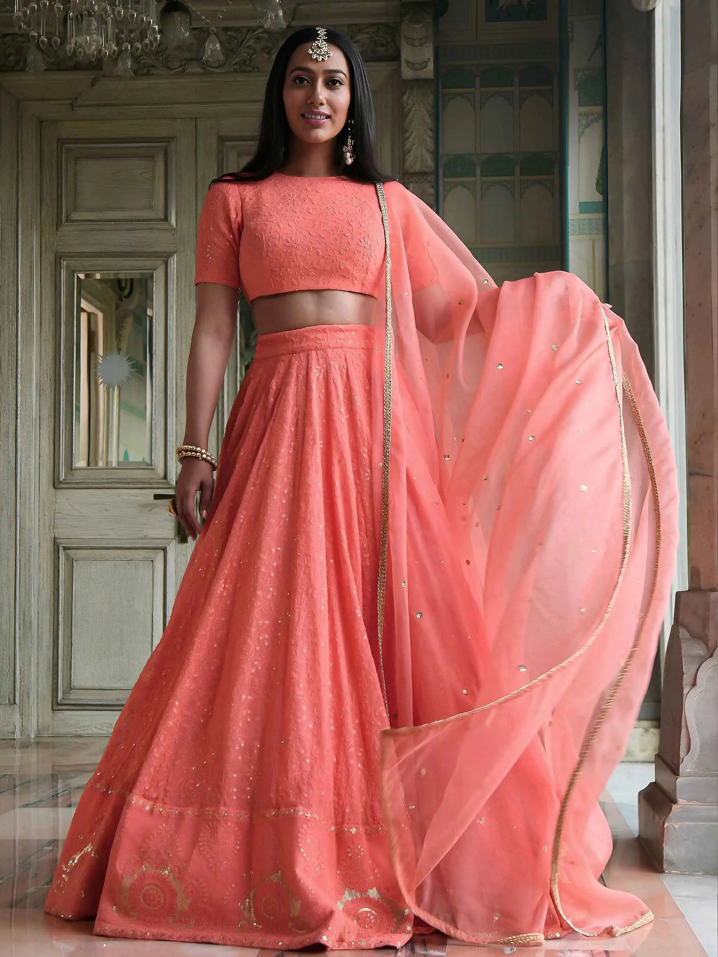 Peach Embroidery Work Lehenga Choli
