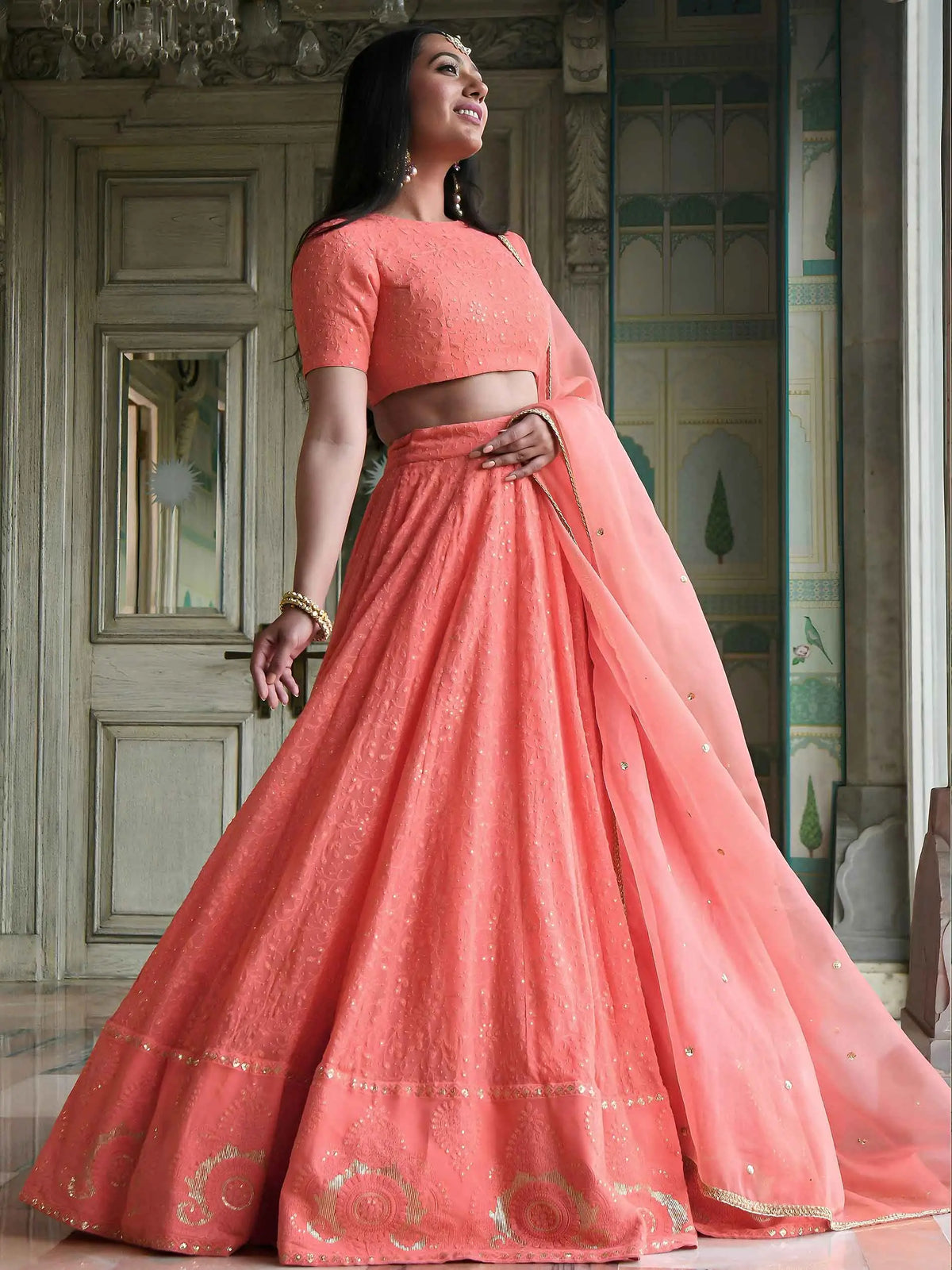 Peach Embroidery Work Lehenga Choli