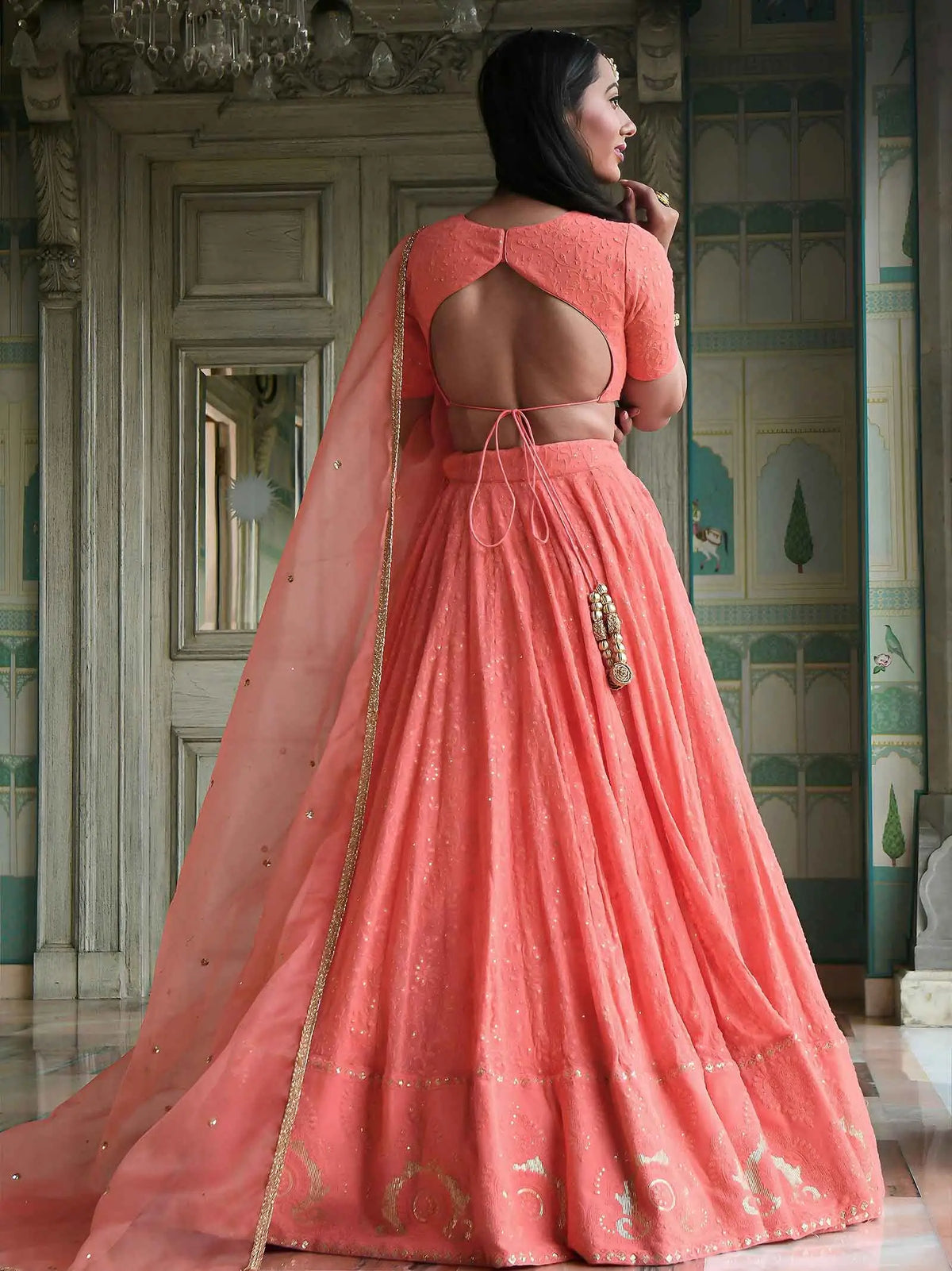 Peach Embroidery Work Lehenga Choli