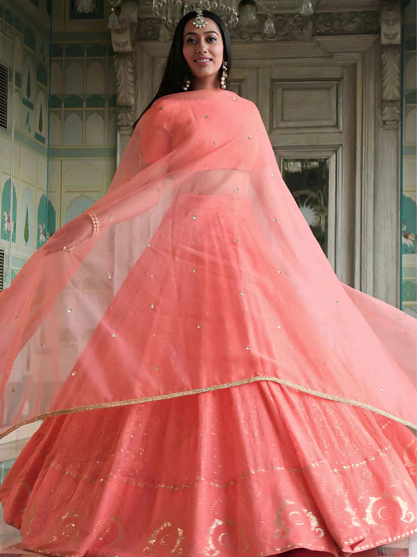 Peach Embroidery Work Lehenga Choli