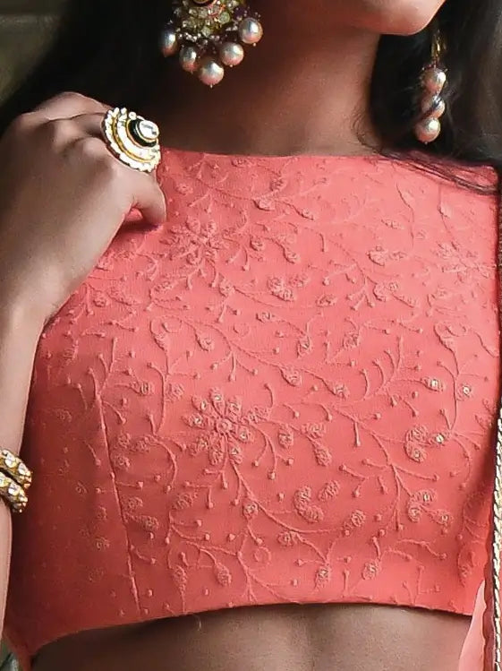 Peach Embroidery Work Lehenga Choli