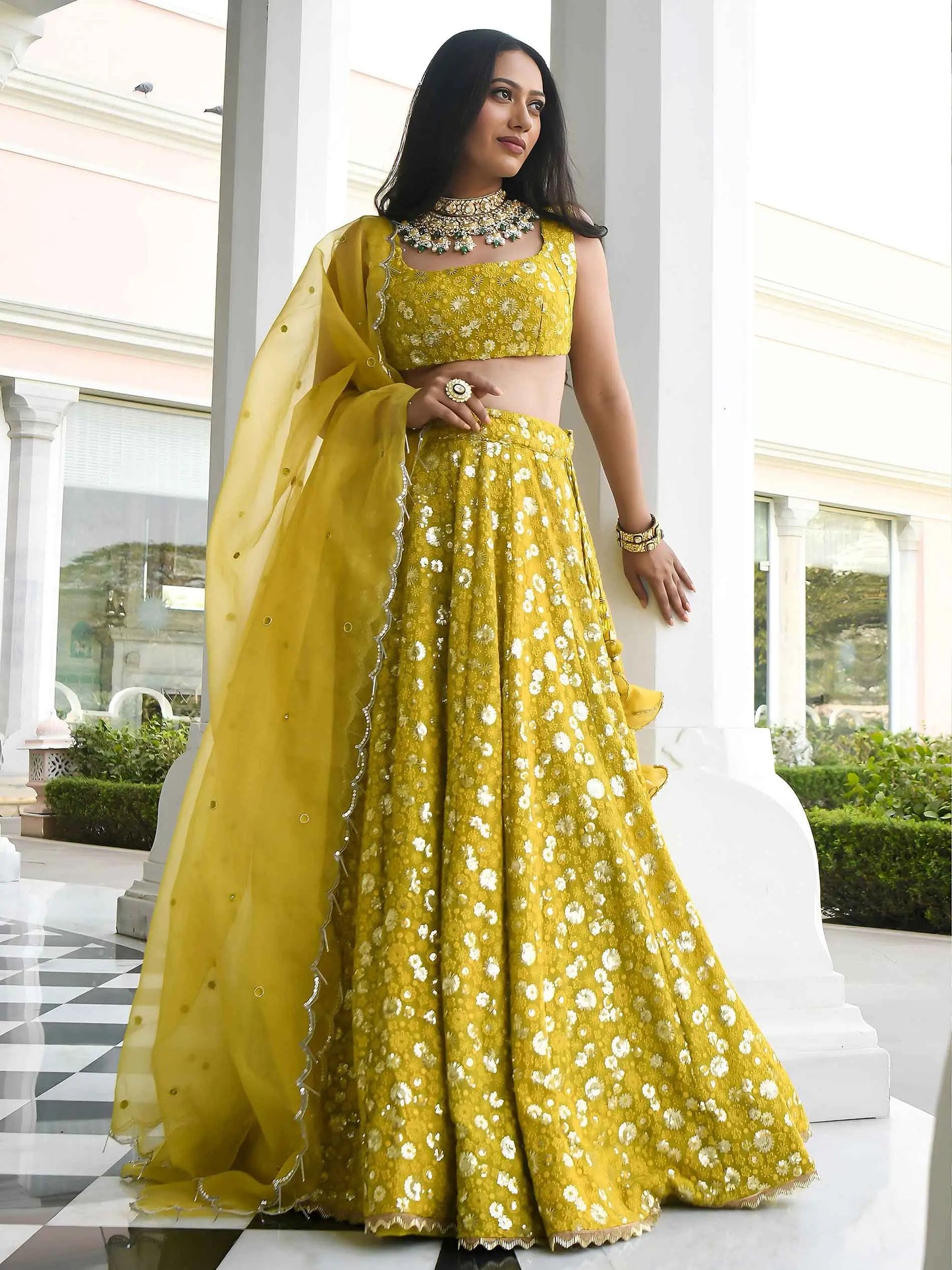 Olive Sequins Embroidered Lehenga Choli