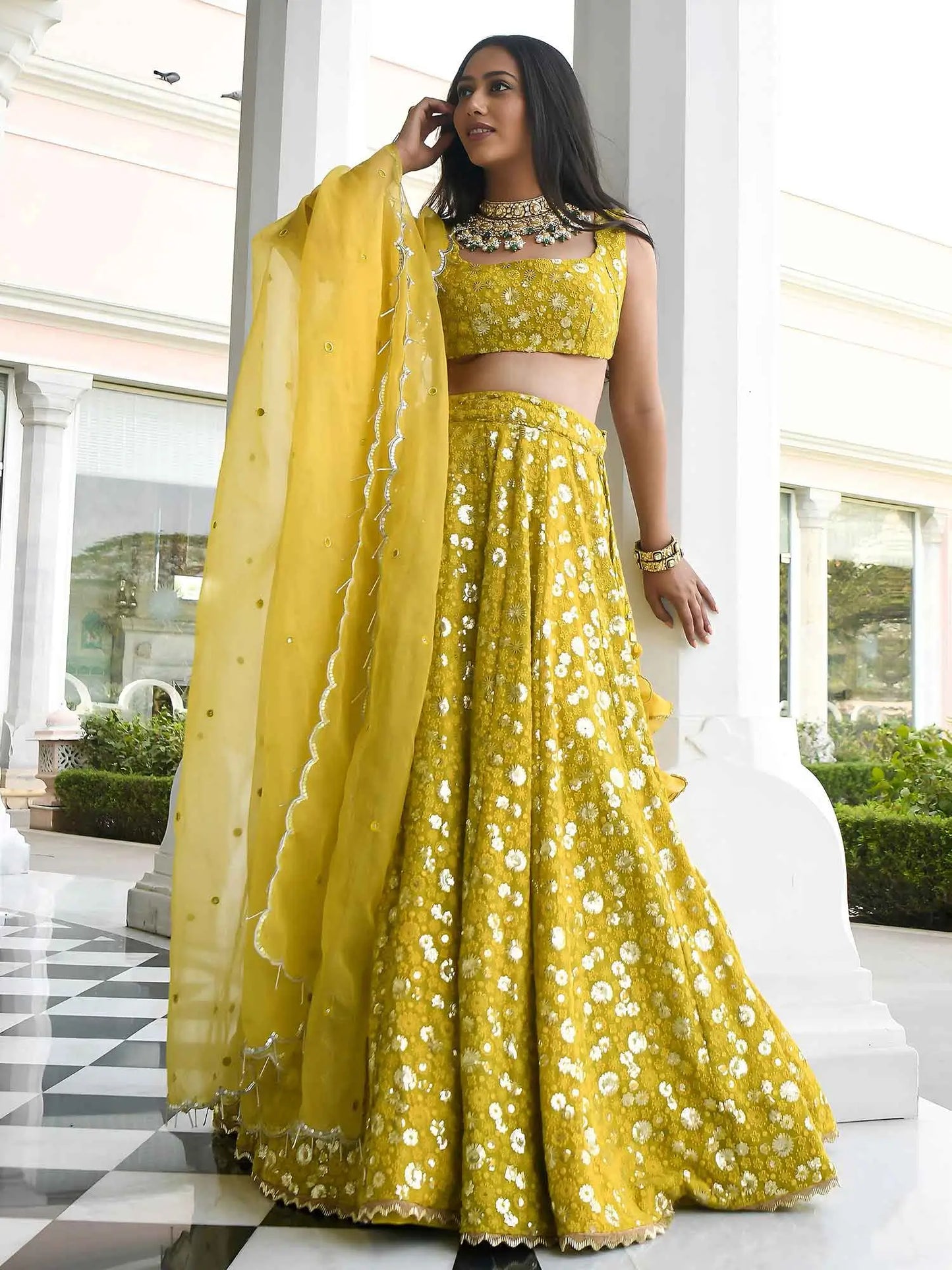 Olive Sequins Embroidered Lehenga Choli