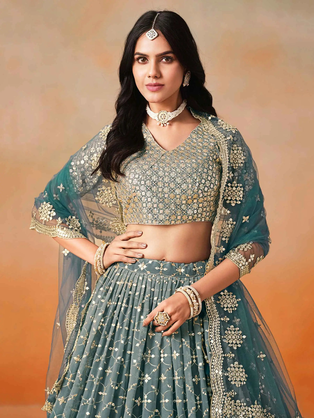 Blue To Grey Gradient Georgette Lehenga With Zari Sequins Embroidery Work