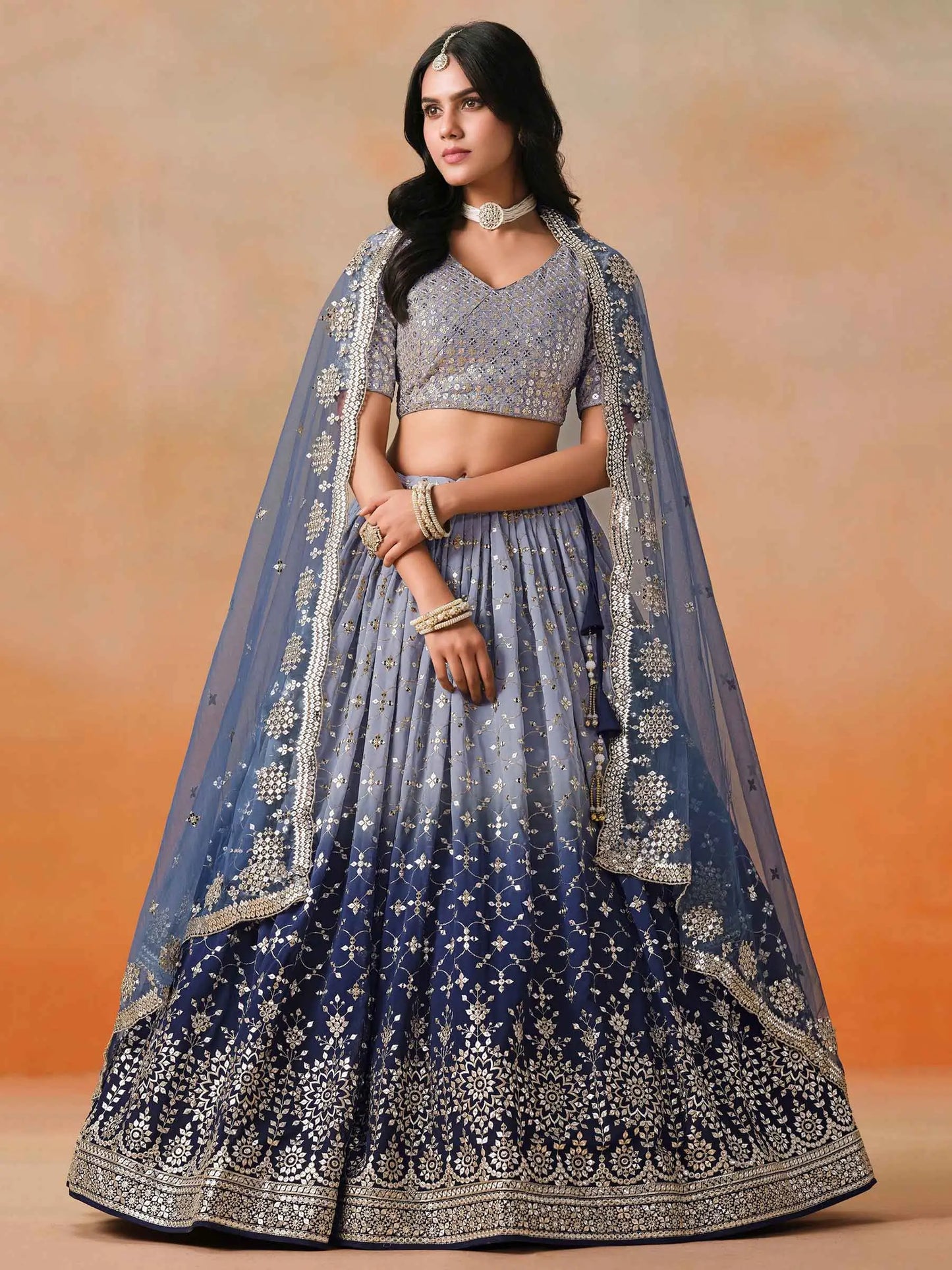 Navy Blue Gradient Georgette Lehenga With Zari Sequins Embroidery Work