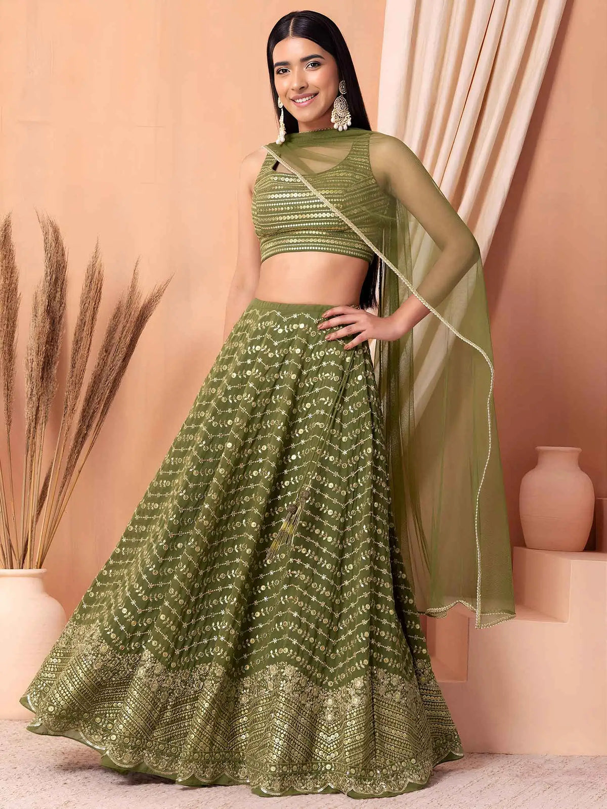 Green Sequins Embroidery Work Lehenga