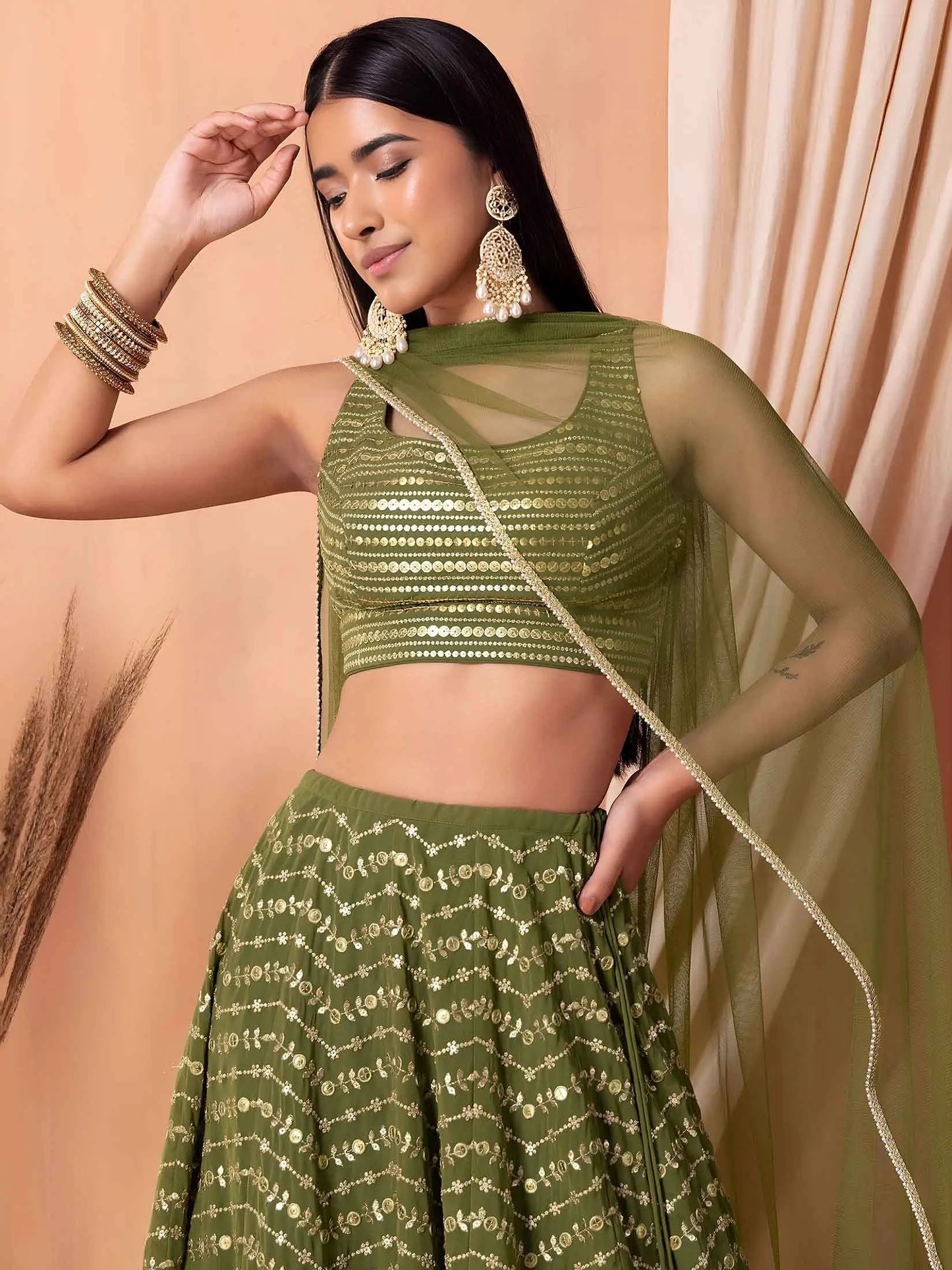 Green Sequins Embroidery Work Lehenga