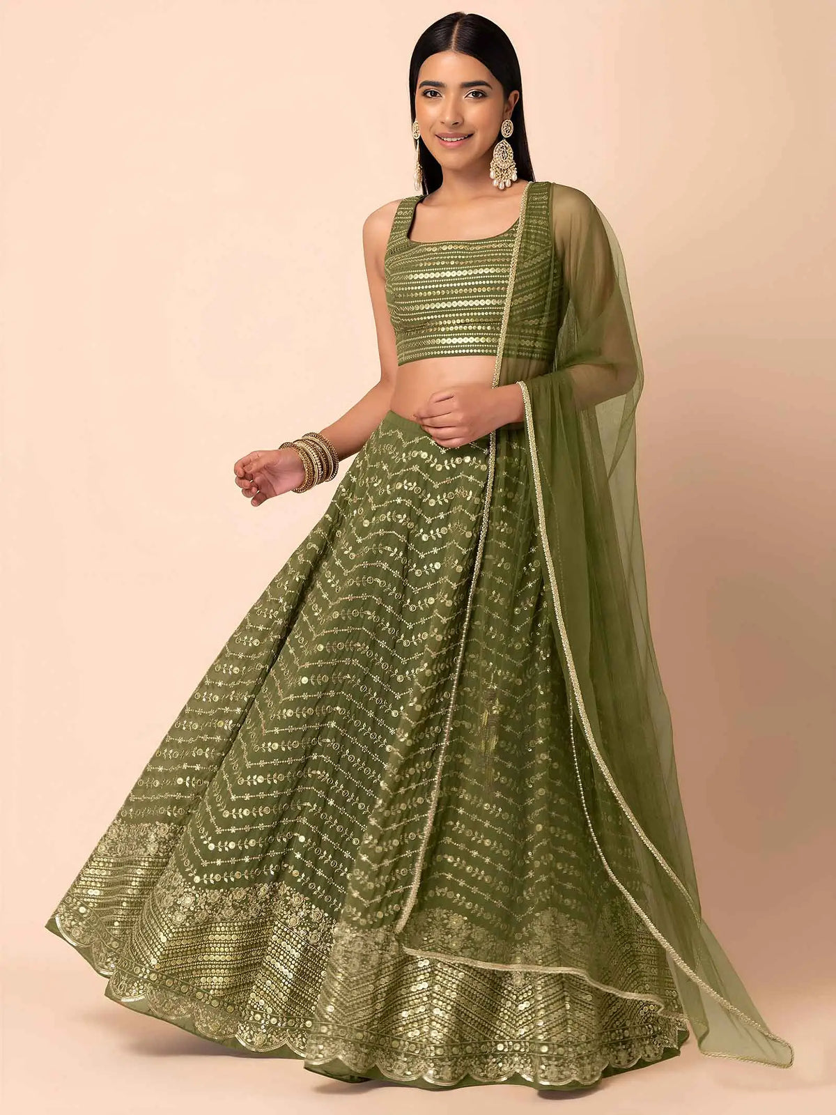 Green Sequins Embroidery Work Lehenga