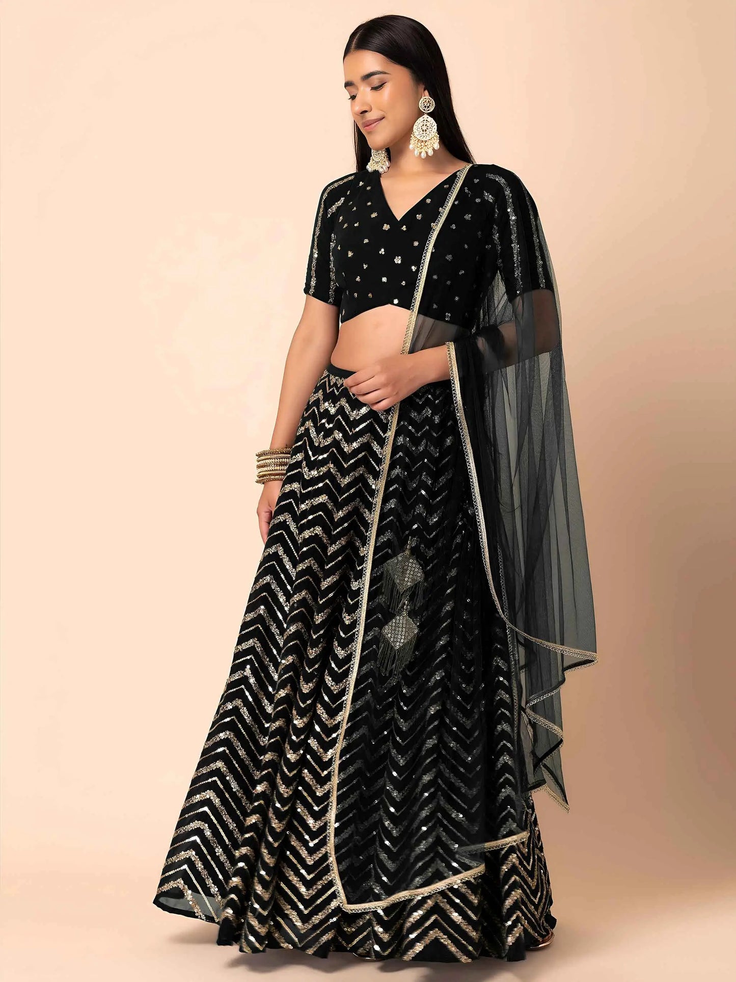 Black Georgette Sequins Zari Work Lehenga
