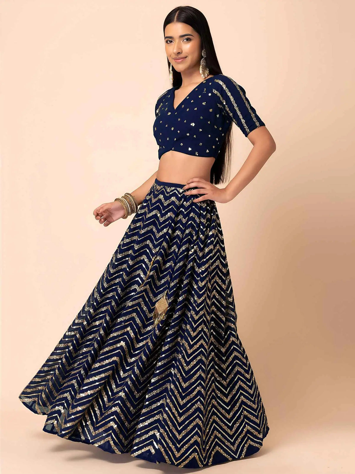 Navy Blue Georgette Embroidered Lehenga