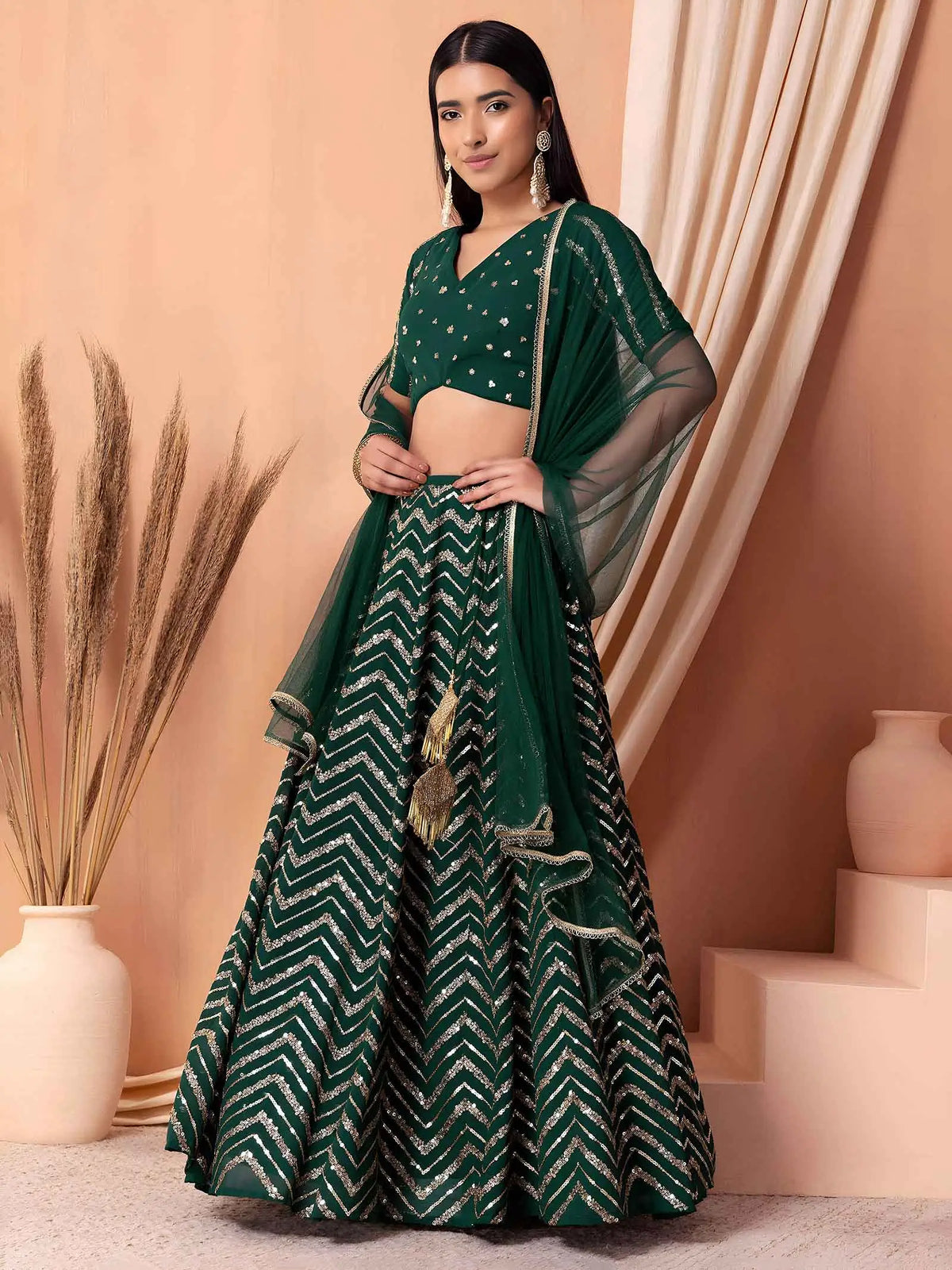 Dark Green Georgette Embroidered Lehenga