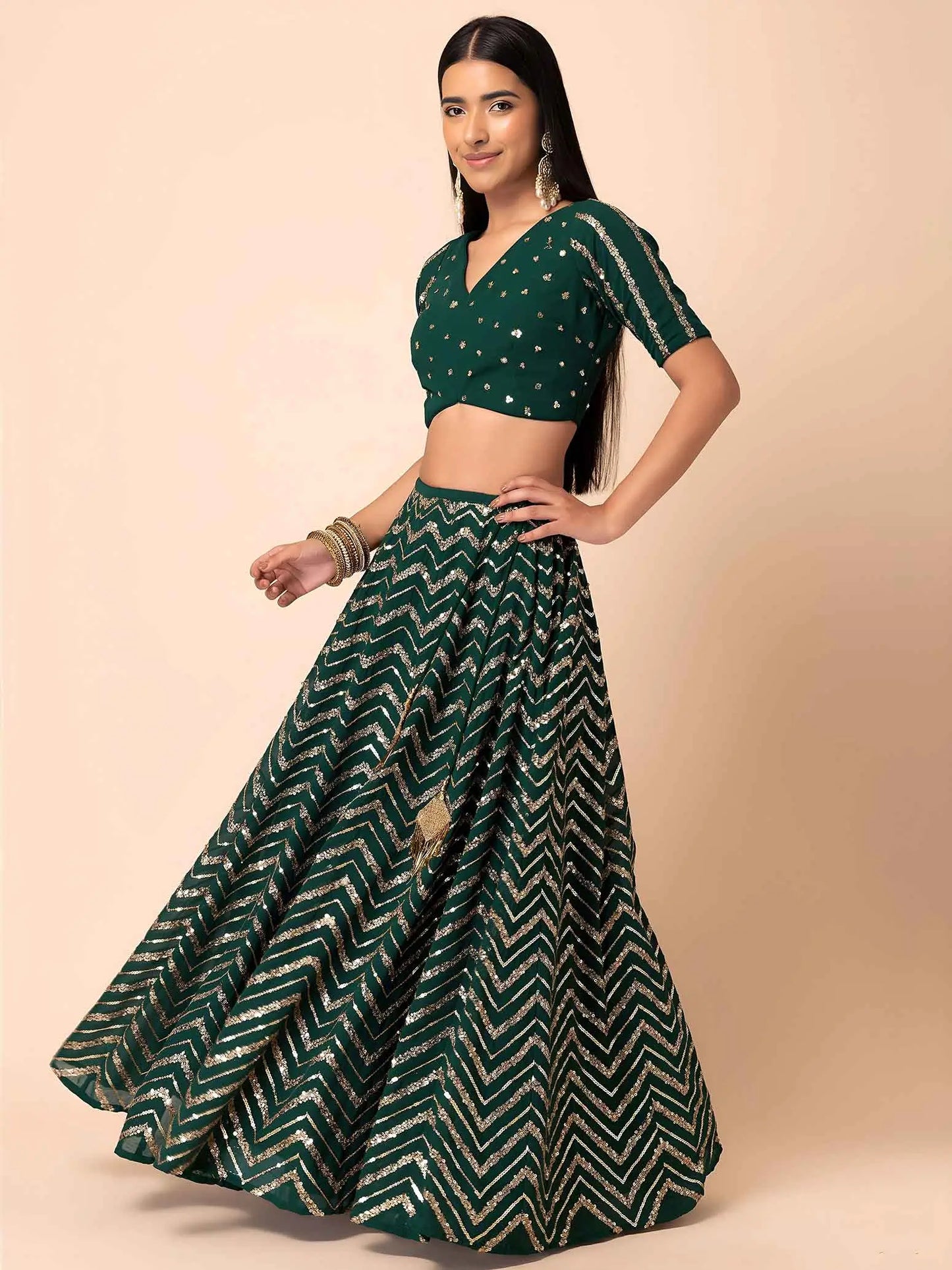 Dark Green Georgette Embroidered Lehenga