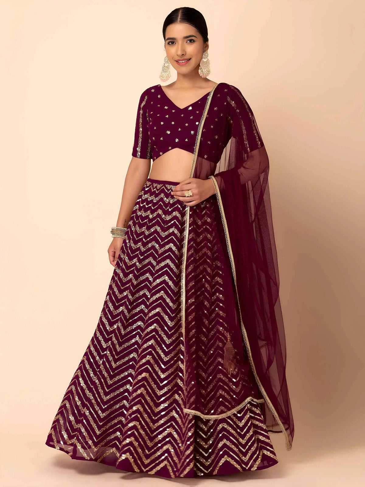 Maroon Georgette Sequins Zari Work Lehenga