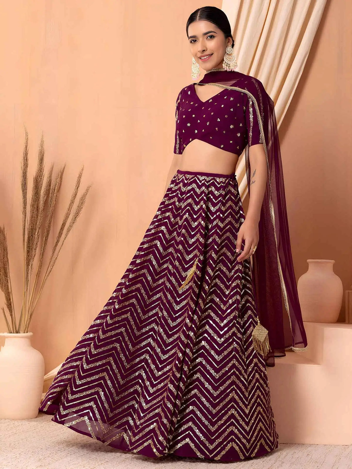 Maroon Georgette Sequins Zari Work Lehenga