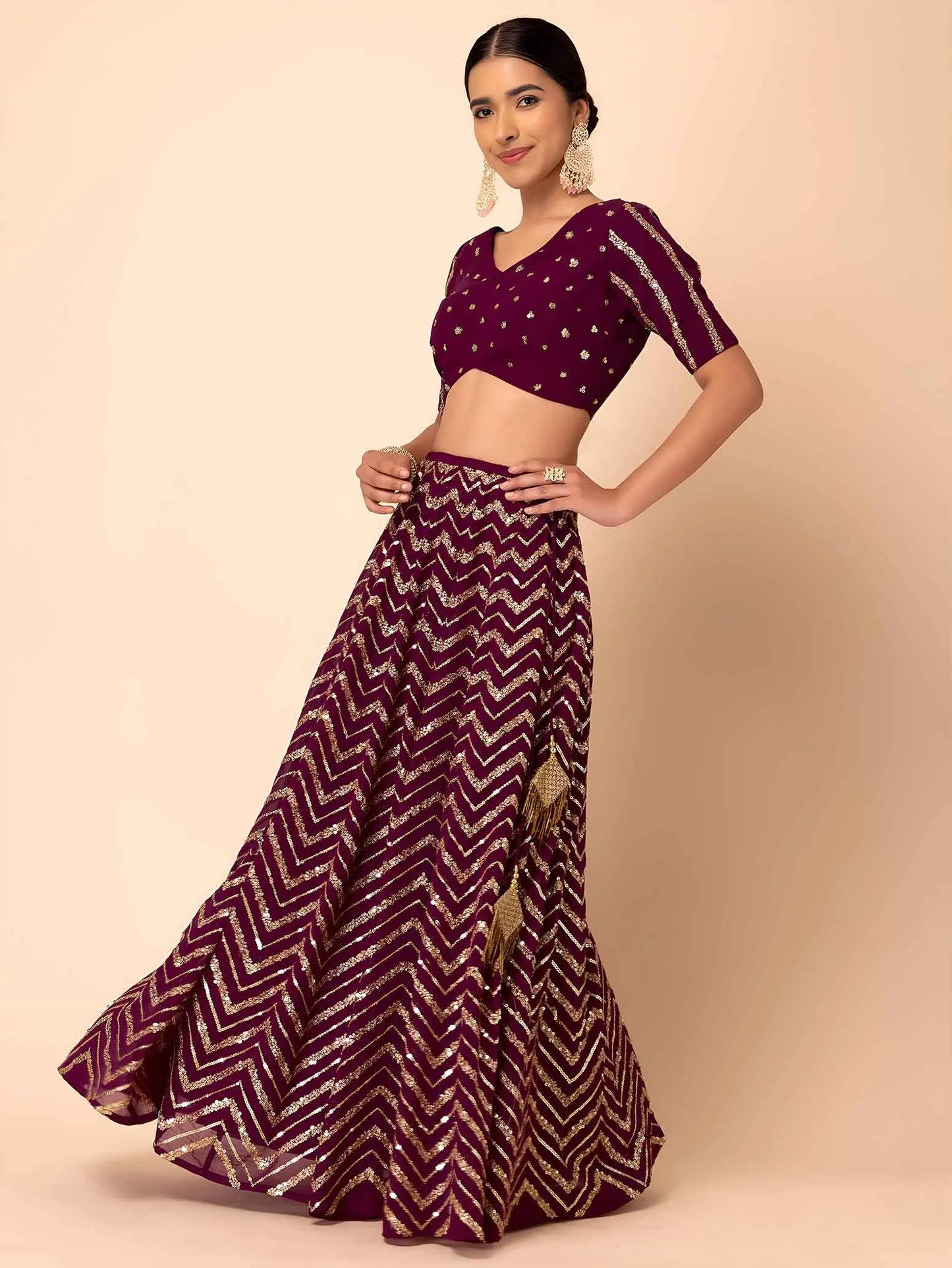 Maroon Georgette Sequins Zari Work Lehenga