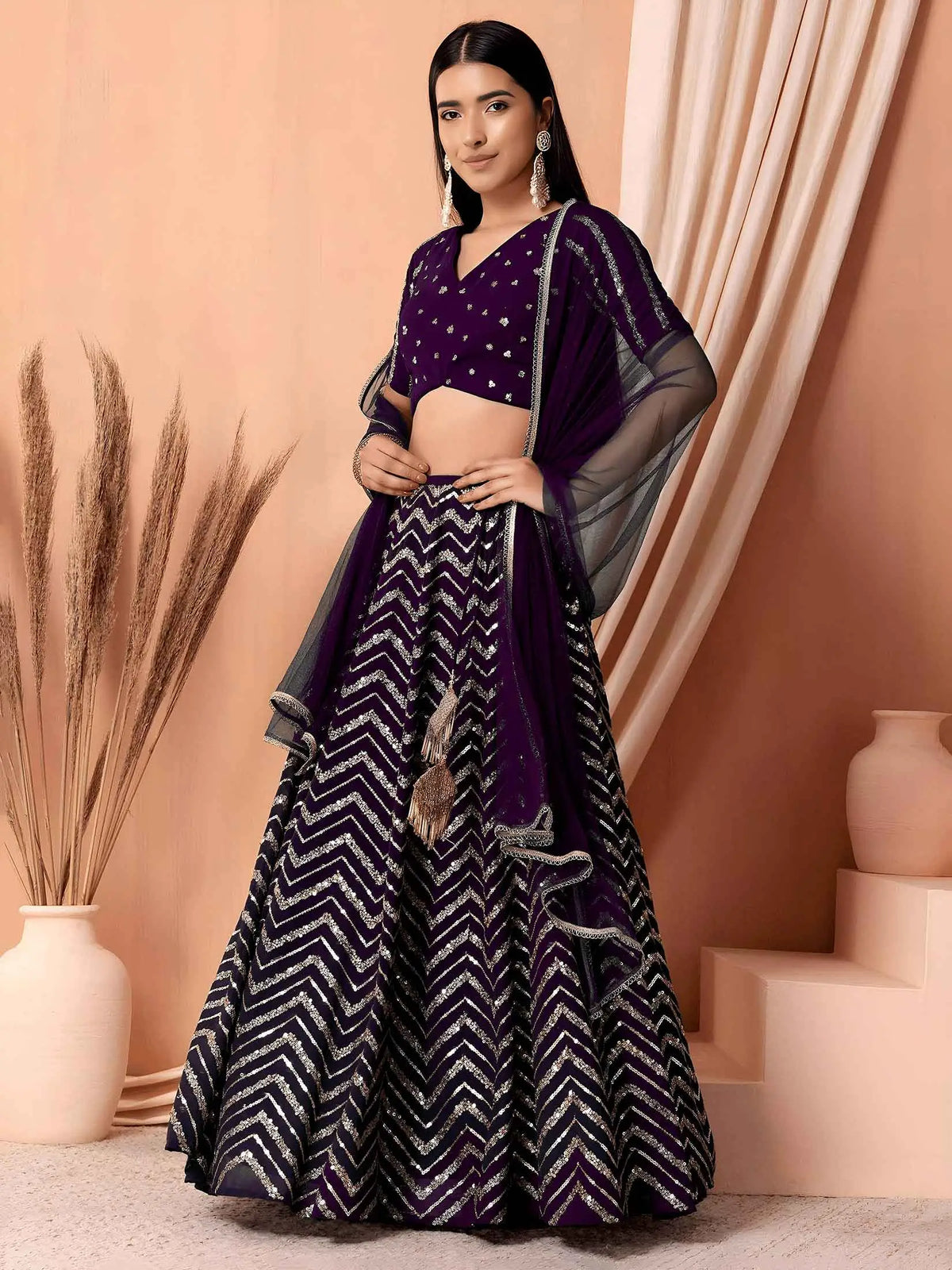 Dark Purple Georgette Sequins Work Lehenga