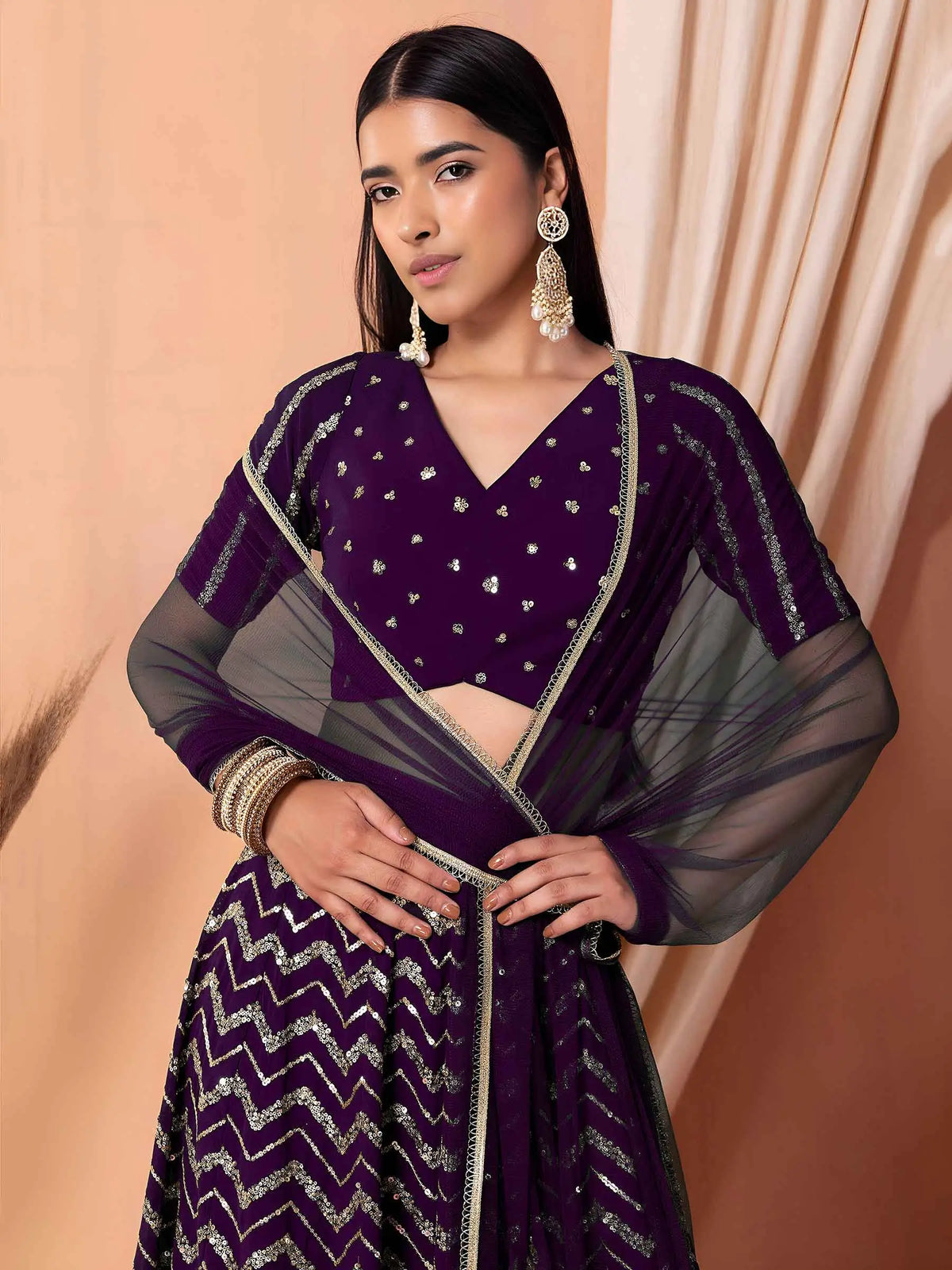 Dark Purple Georgette Sequins Work Lehenga