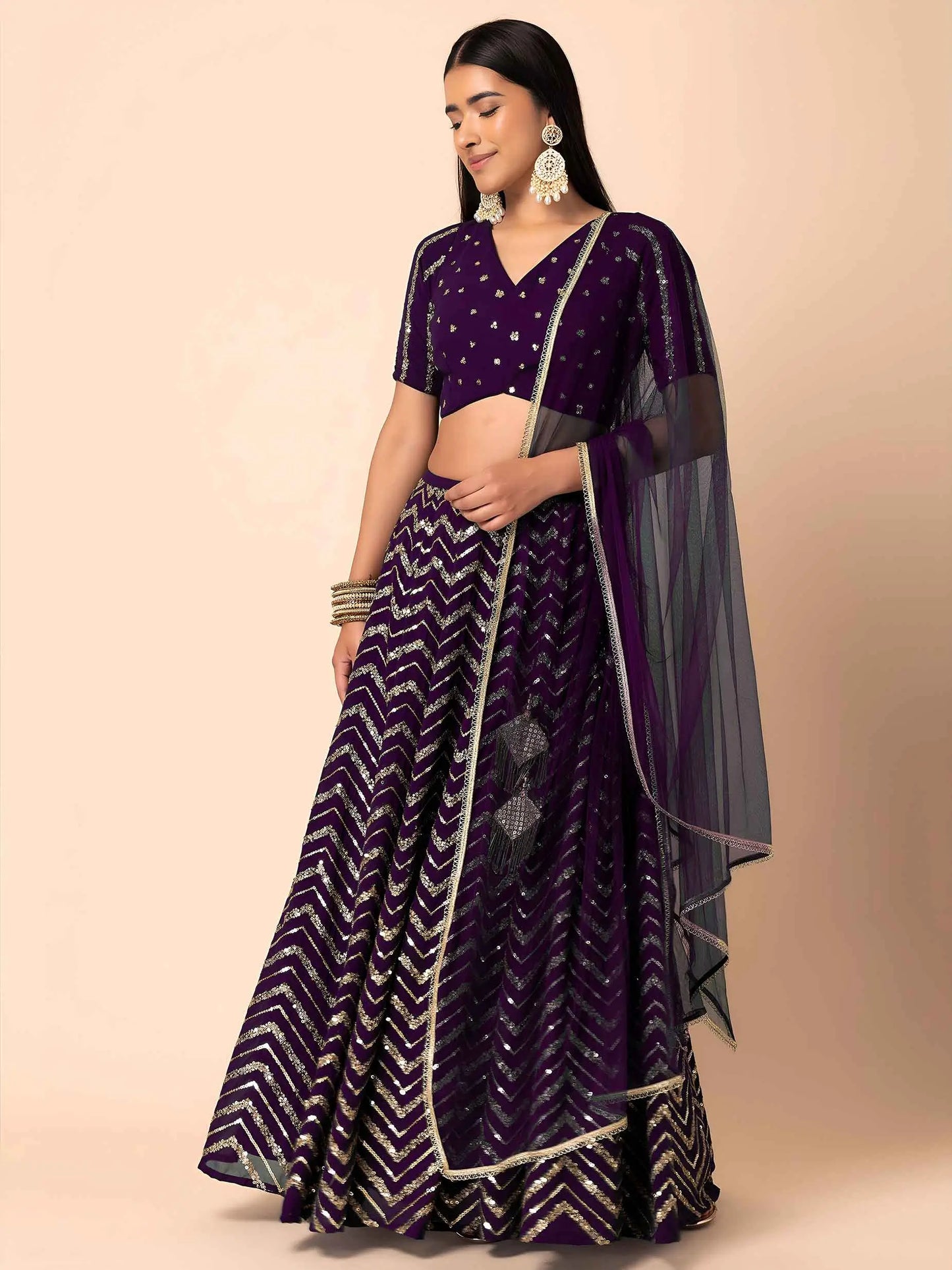 Dark Purple Georgette Sequins Work Lehenga