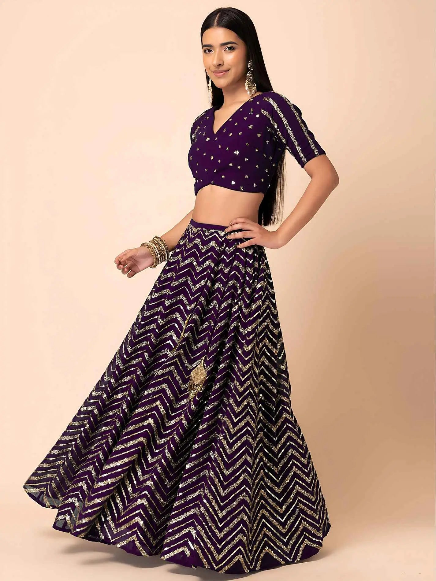Dark Purple Georgette Sequins Work Lehenga