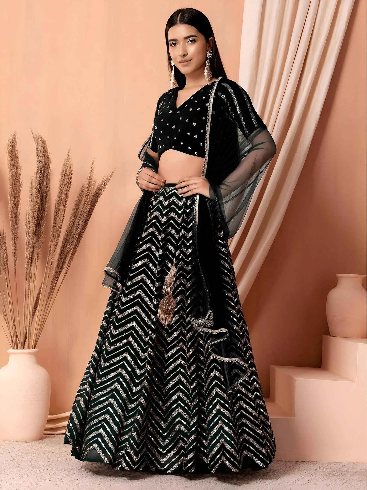 Black Georgette Sequins Zari Work Lehenga