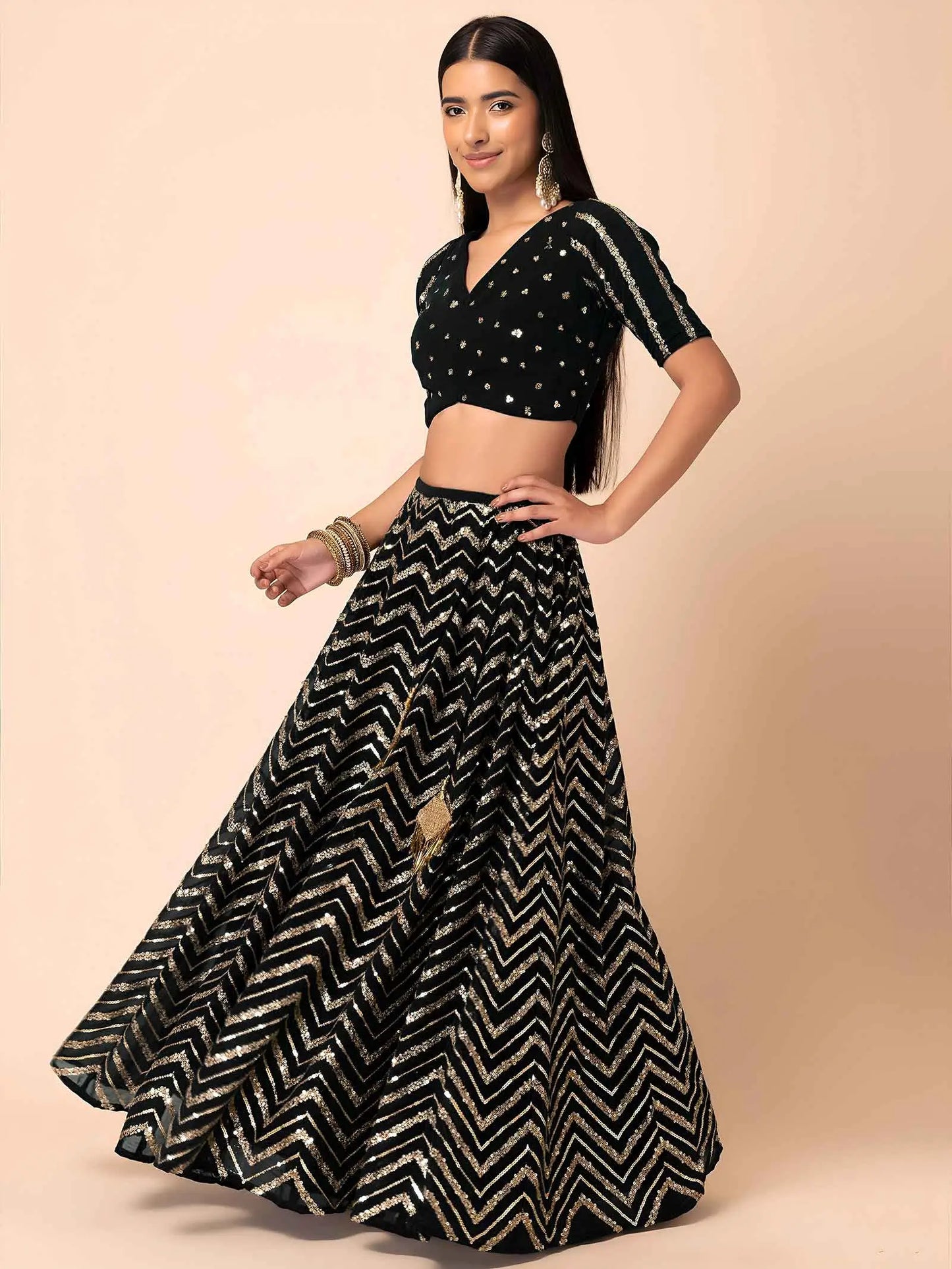 Black Georgette Sequins Zari Work Lehenga