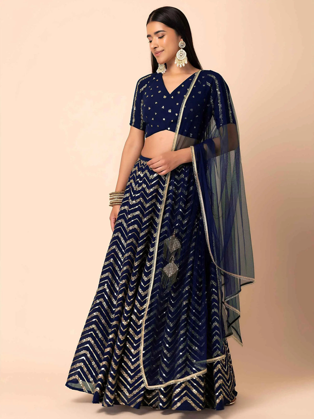 Navy Blue Georgette Embroidered Lehenga