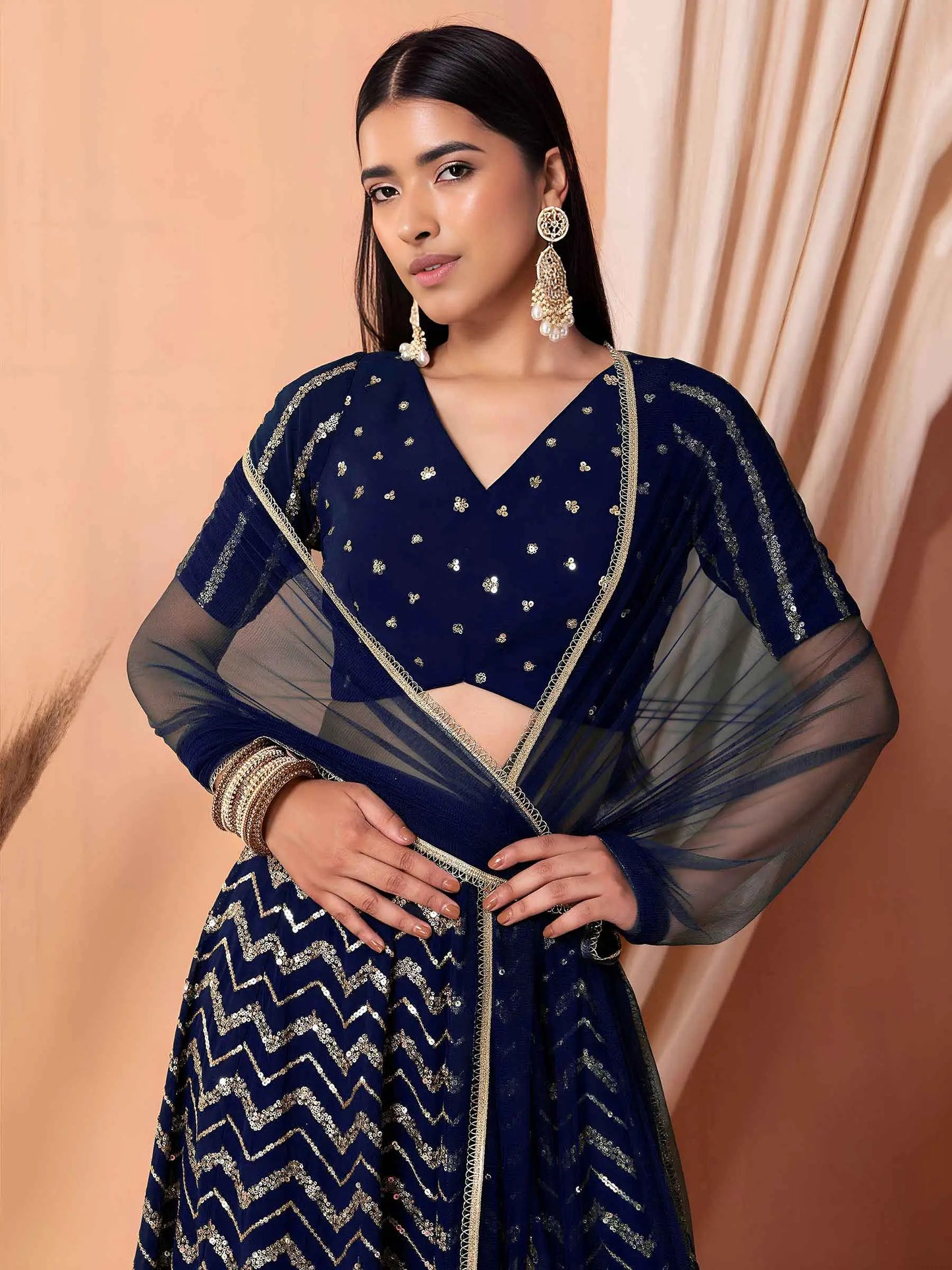 Navy Blue Georgette Embroidered Lehenga